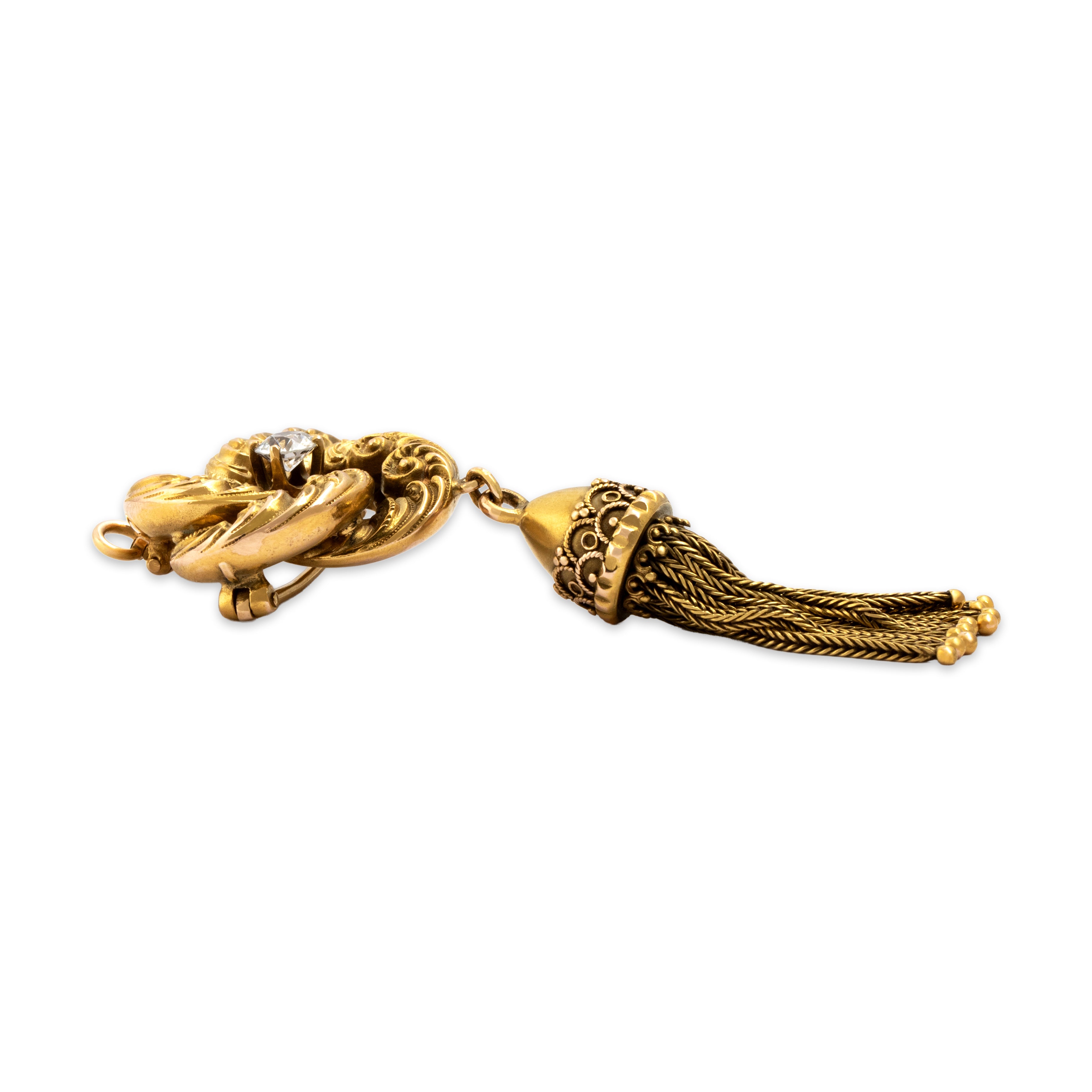 Antique Victorian Substantial 18k Yellow Gold Old European Cut Diamond Fringe Dangle Lover's Knot Pin / Pendant - Side view