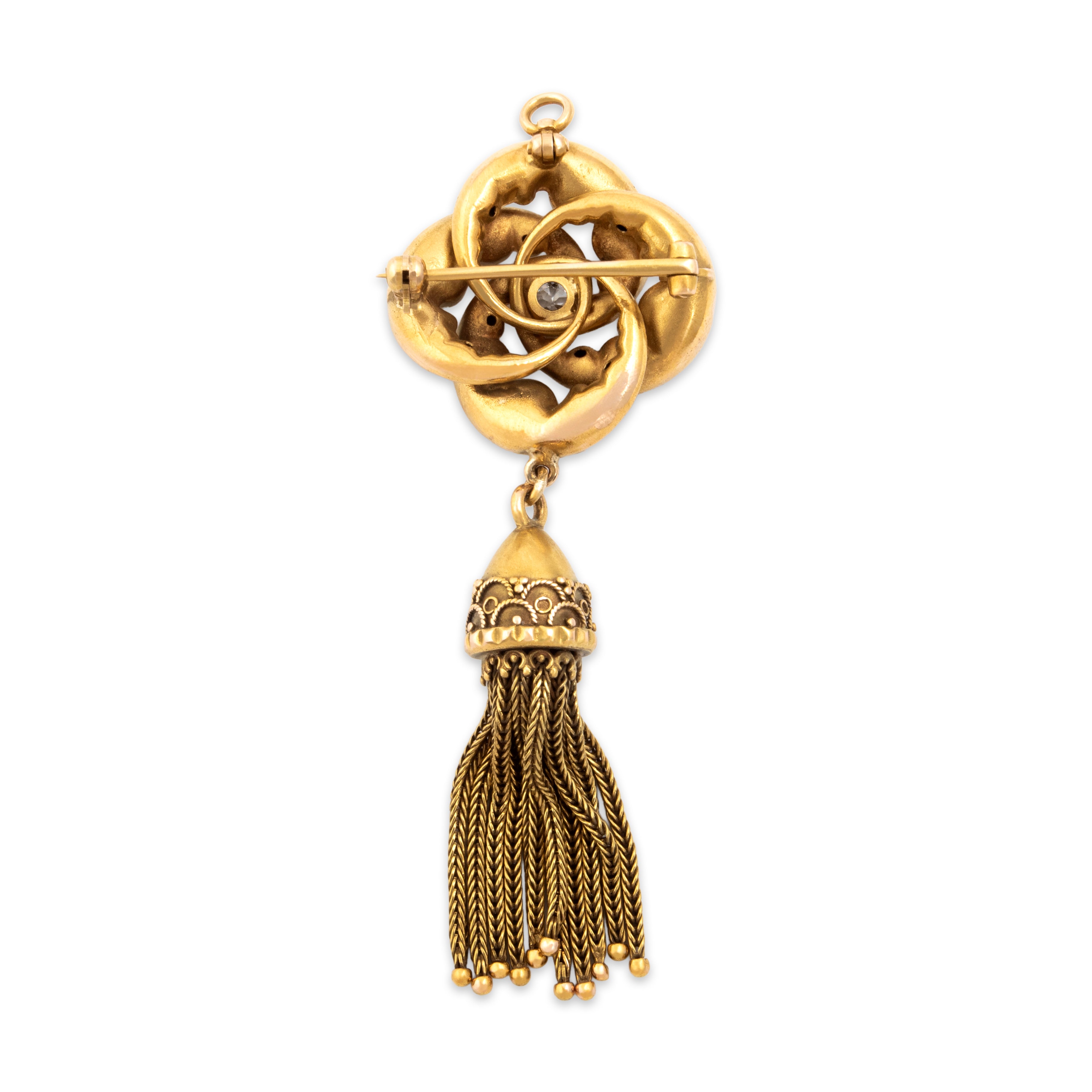 Antique Victorian Substantial 18k Yellow Gold Old European Cut Diamond Fringe Dangle Lover's Knot Pin / Pendant - Back view