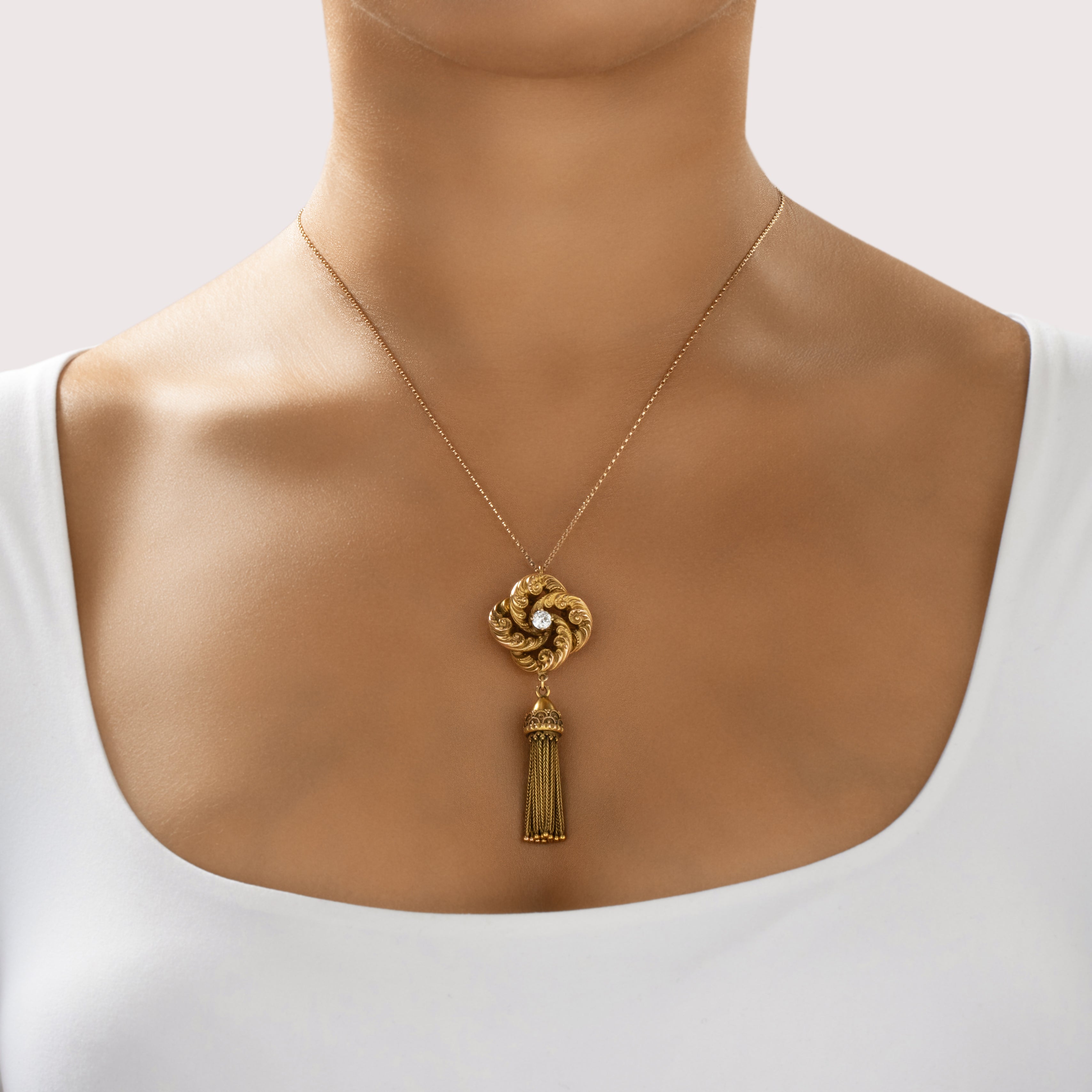 Antique Victorian Substantial 18k Yellow Gold Old European Cut Diamond Fringe Dangle Lover's Knot Pin / Pendant - On model view