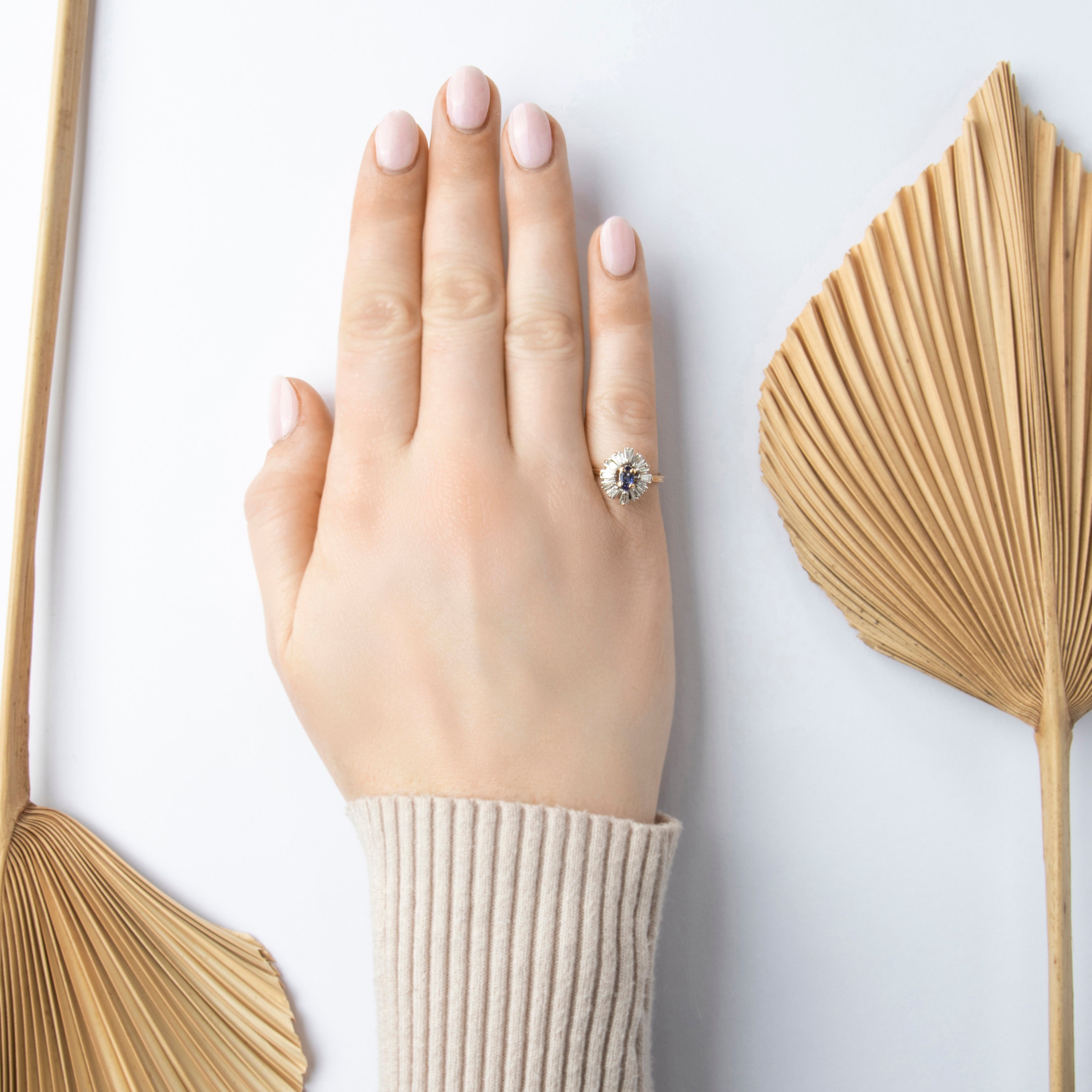 Vintage 14k Yellow & White Gold Diamond Tanzanite Ballerina Halo Ring - On model view