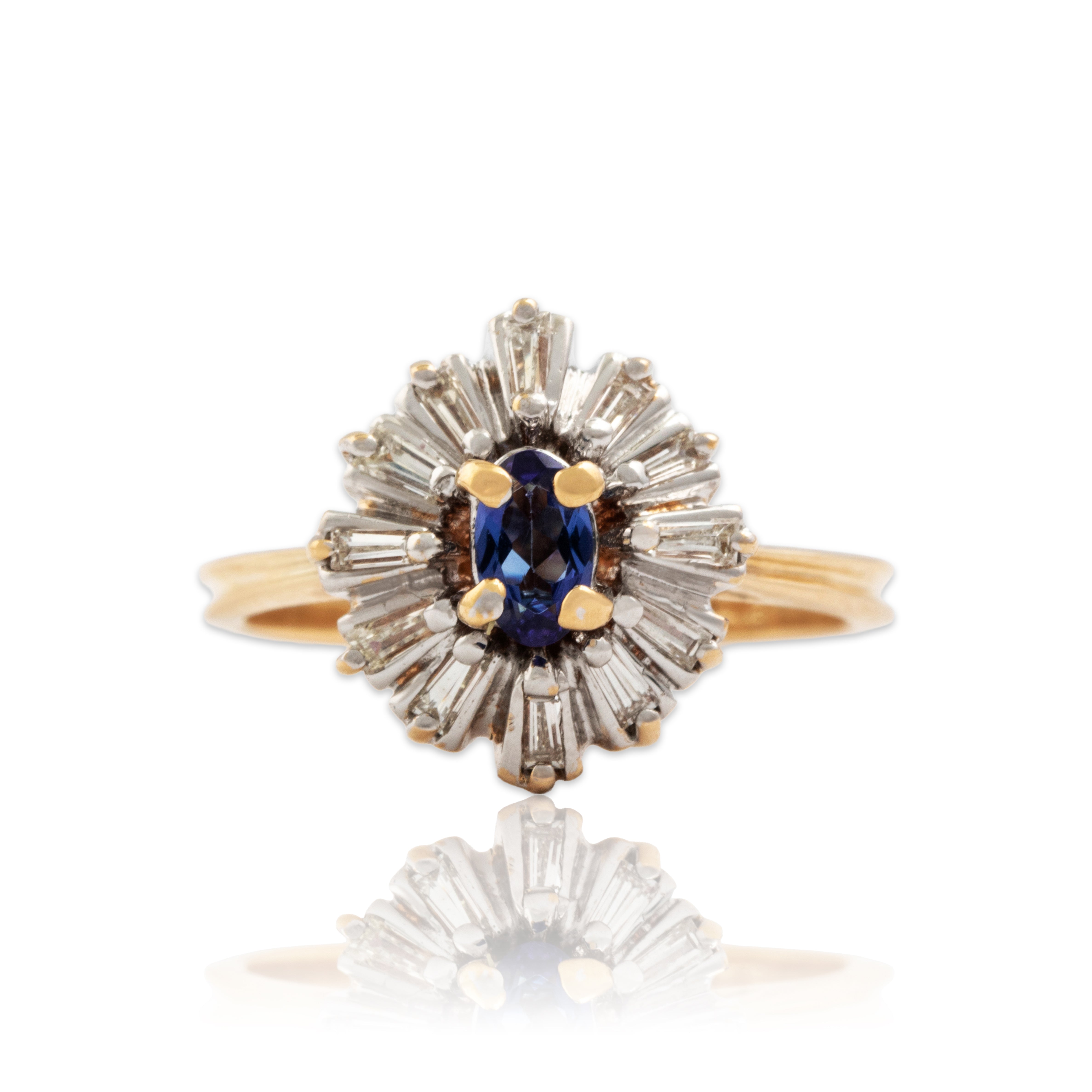 Vintage 14k Yellow & White Gold Diamond Tanzanite Ballerina Halo Ring - Close-up view