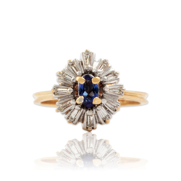 Vintage 14k Yellow & White Gold Diamond Tanzanite Ballerina Halo Ring 5.75