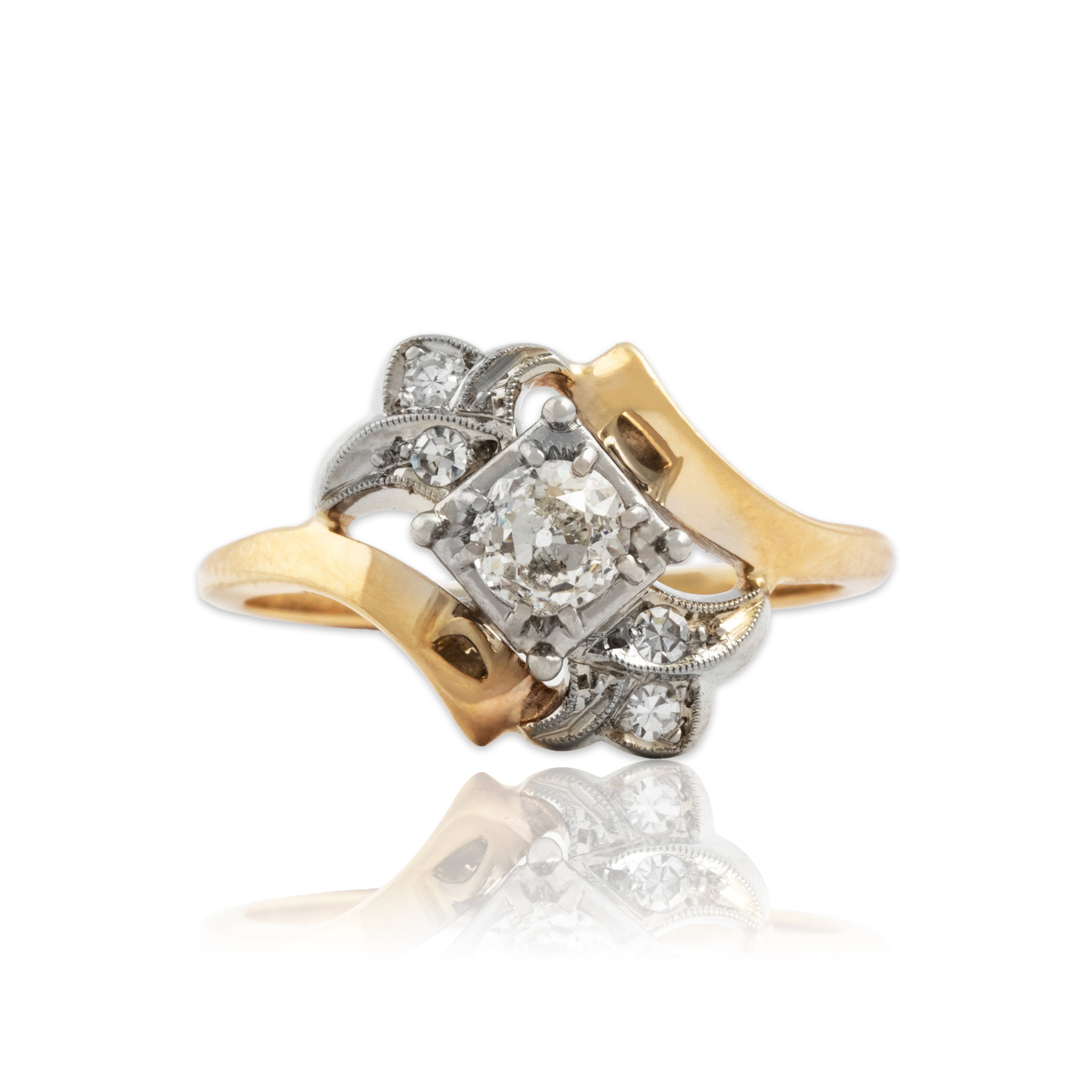 Vintage 14k Yellow & White Gold Old Mine Cut Diamond Diamond Accented Bypass Ring - Close-up view