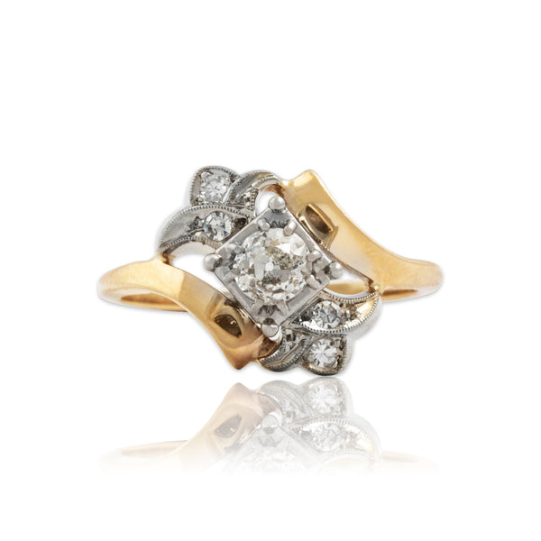 Vintage 14k Yellow & White Gold Old Mine Diamond Sparkling Bypass Ring 5.50