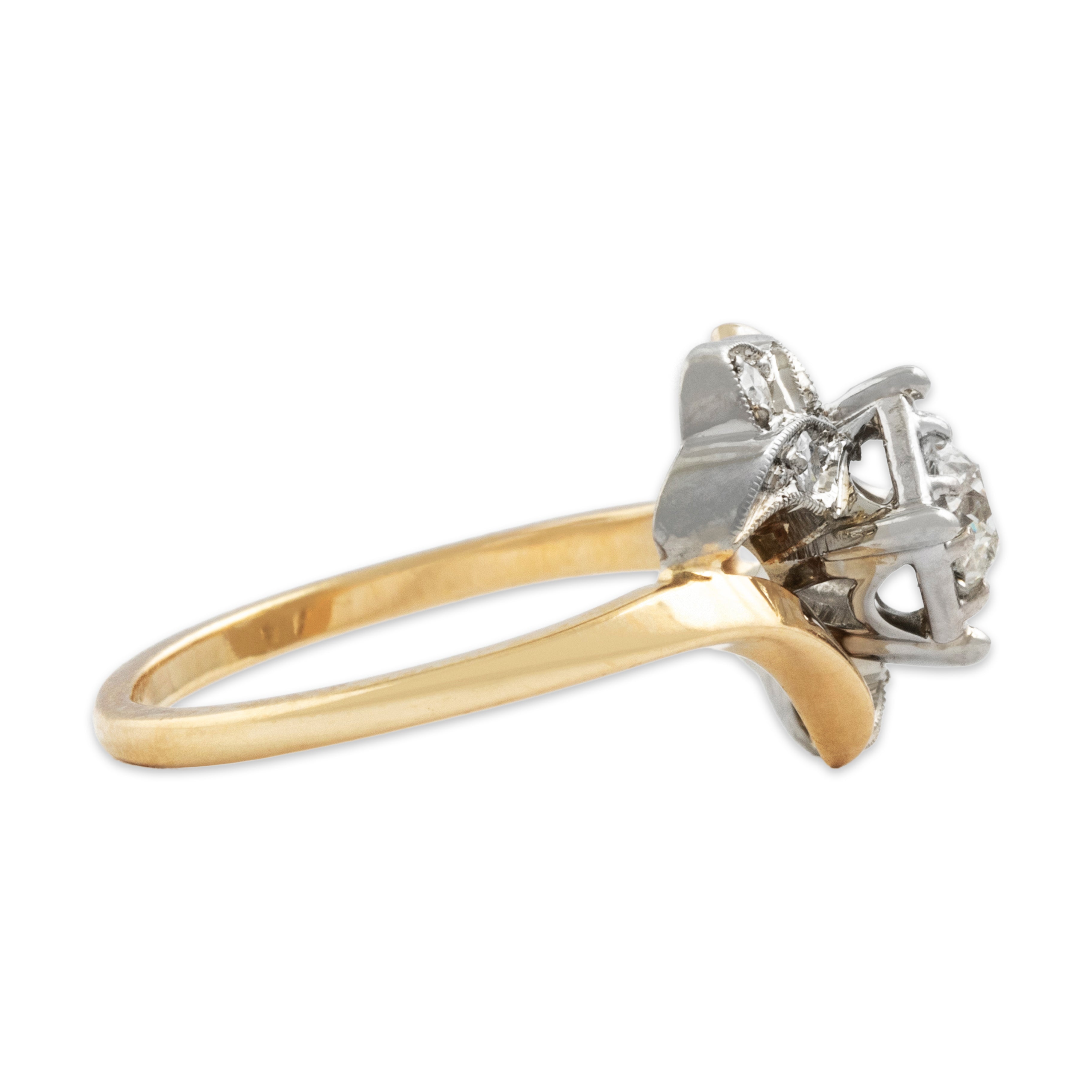 Vintage 14k Yellow & White Gold Old Mine Cut Diamond Diamond Accented Bypass Ring - Side view