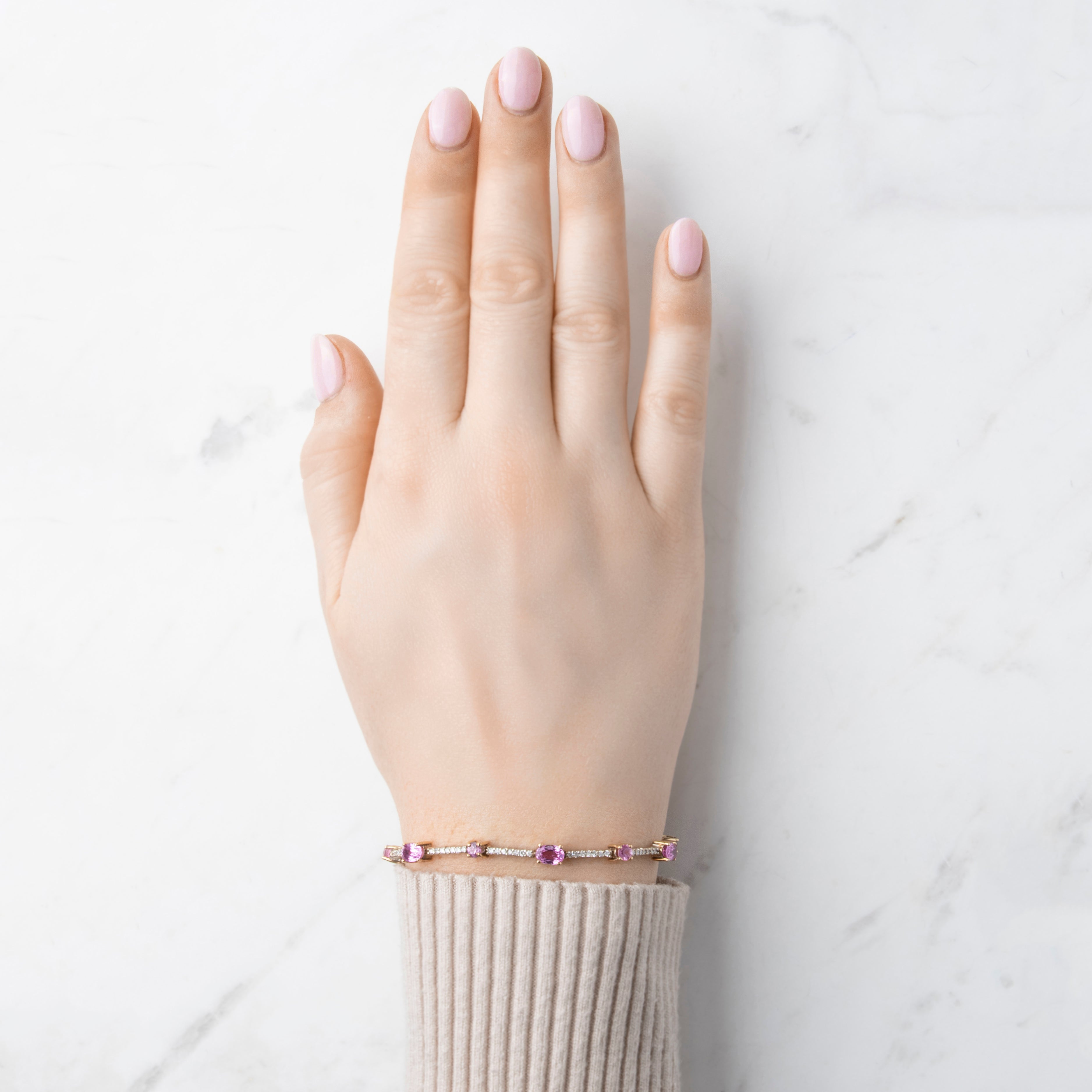 Vintage 14k White & Yellow Gold 4.77cttw Pink Sapphire .69ct Diamond Mixed-Cut Station Bracelet - On model view