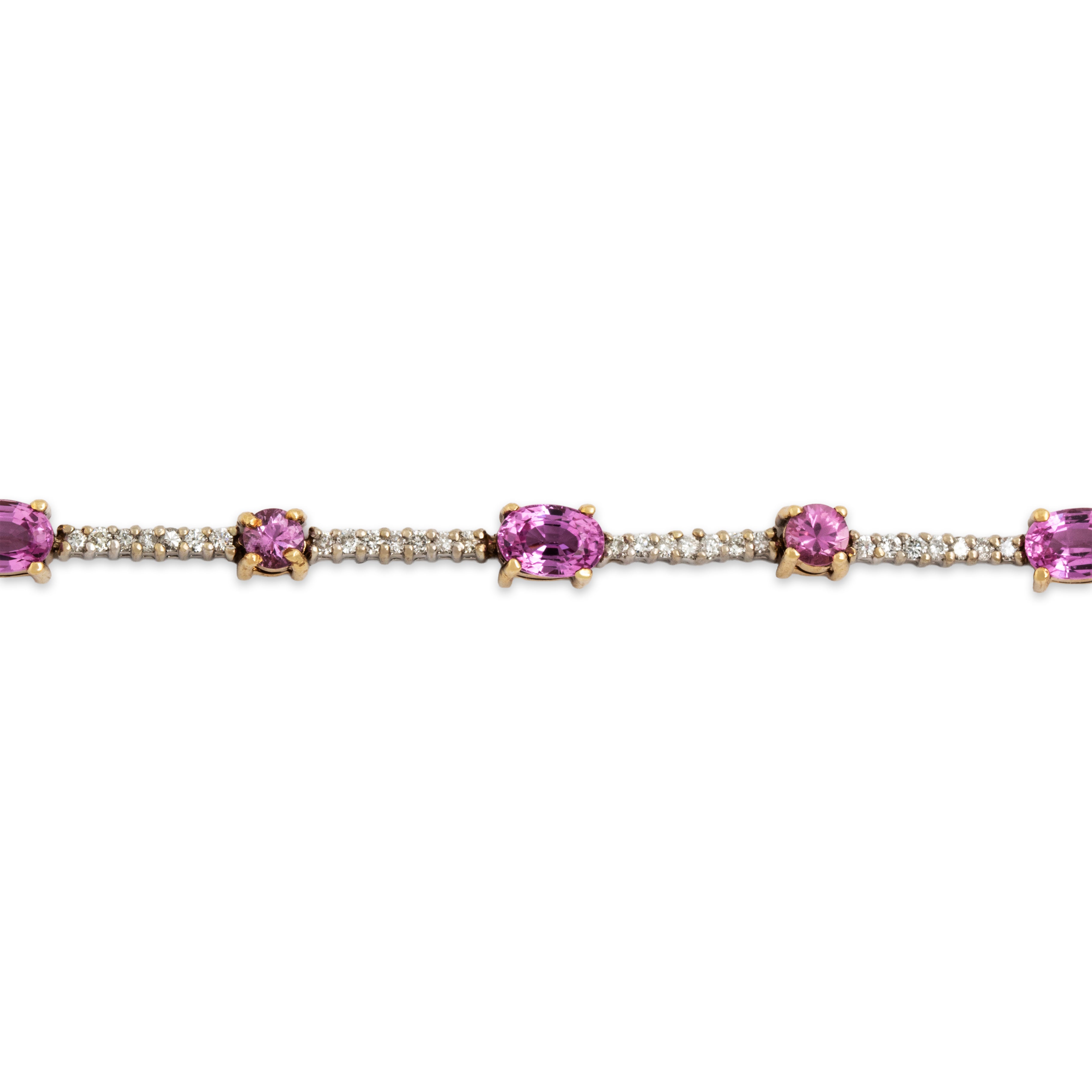 Vintage 14k White & Yellow Gold 4.77cttw Pink Sapphire .69ct Diamond Mixed-Cut Station Bracelet - Close-up view