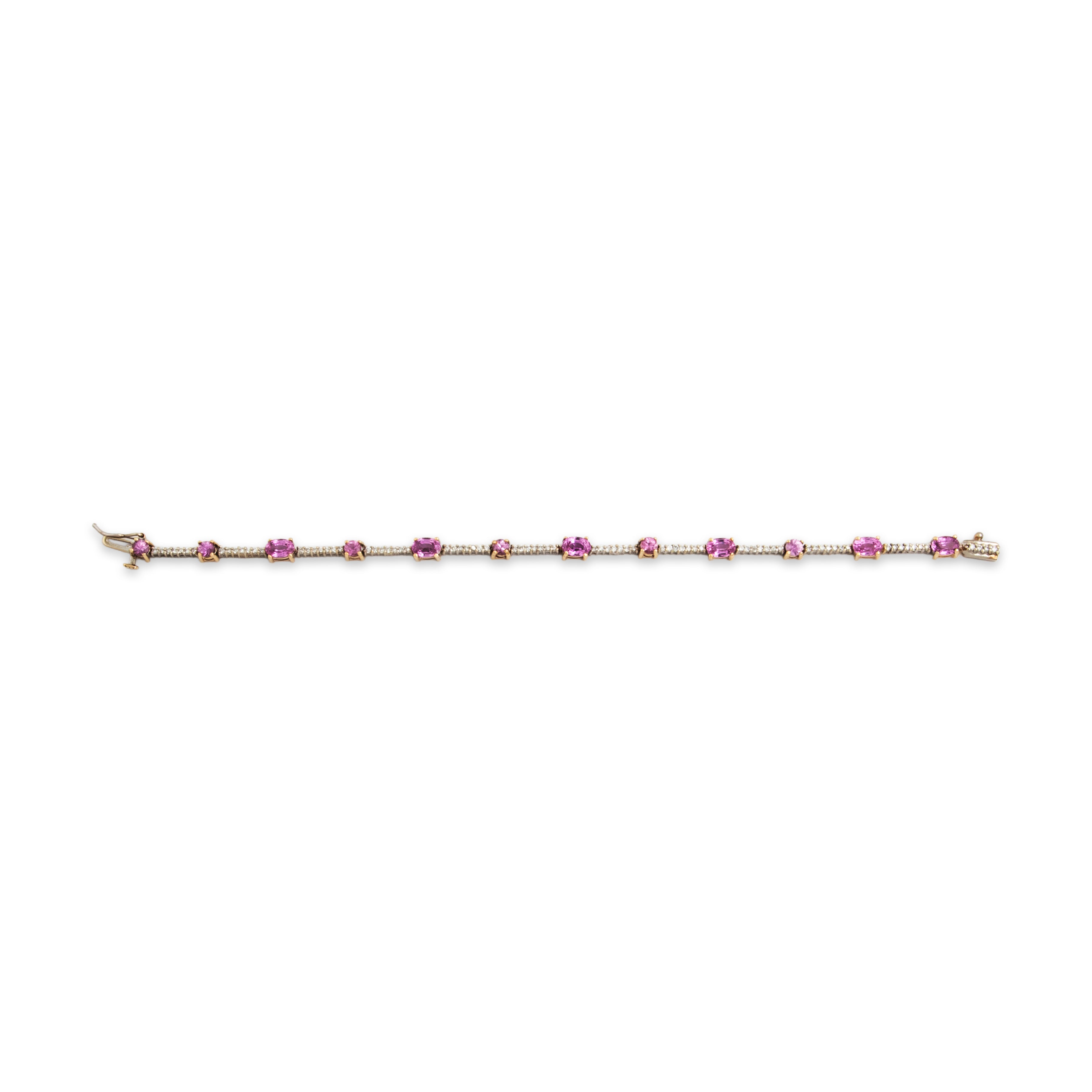 Vintage 14k White & Yellow Gold 4.77cttw Pink Sapphire .69ct Diamond Mixed-Cut Station Bracelet - Overall view