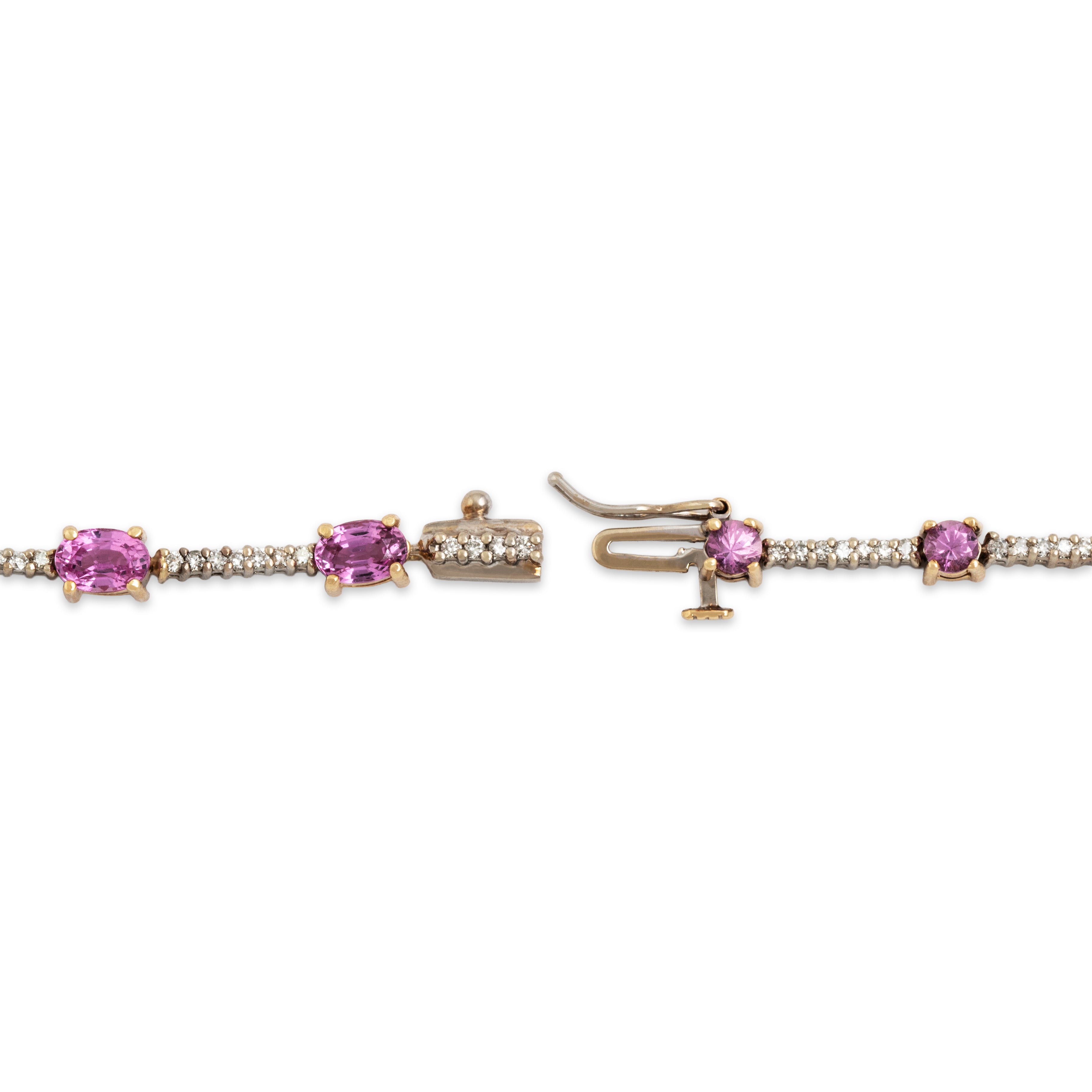 Vintage 14k White & Yellow Gold 4.77cttw Pink Sapphire .69ct Diamond Mixed-Cut Station Bracelet - clasp view