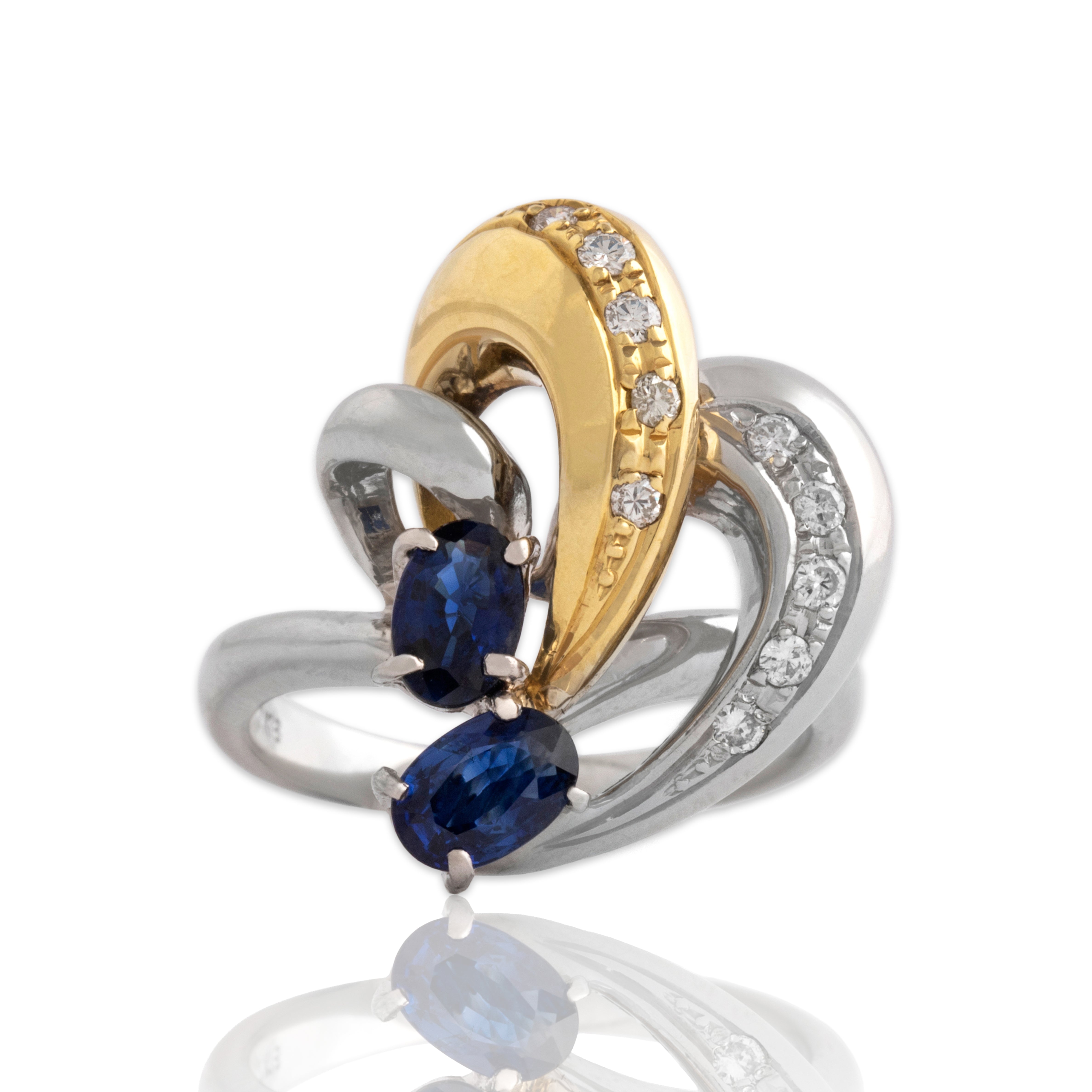 Vintage Heavy Platinum & 18k Yellow Gold 1.2cttw Blue Sapphire Diamond Duo Swooping Detail Ring - Close-up view