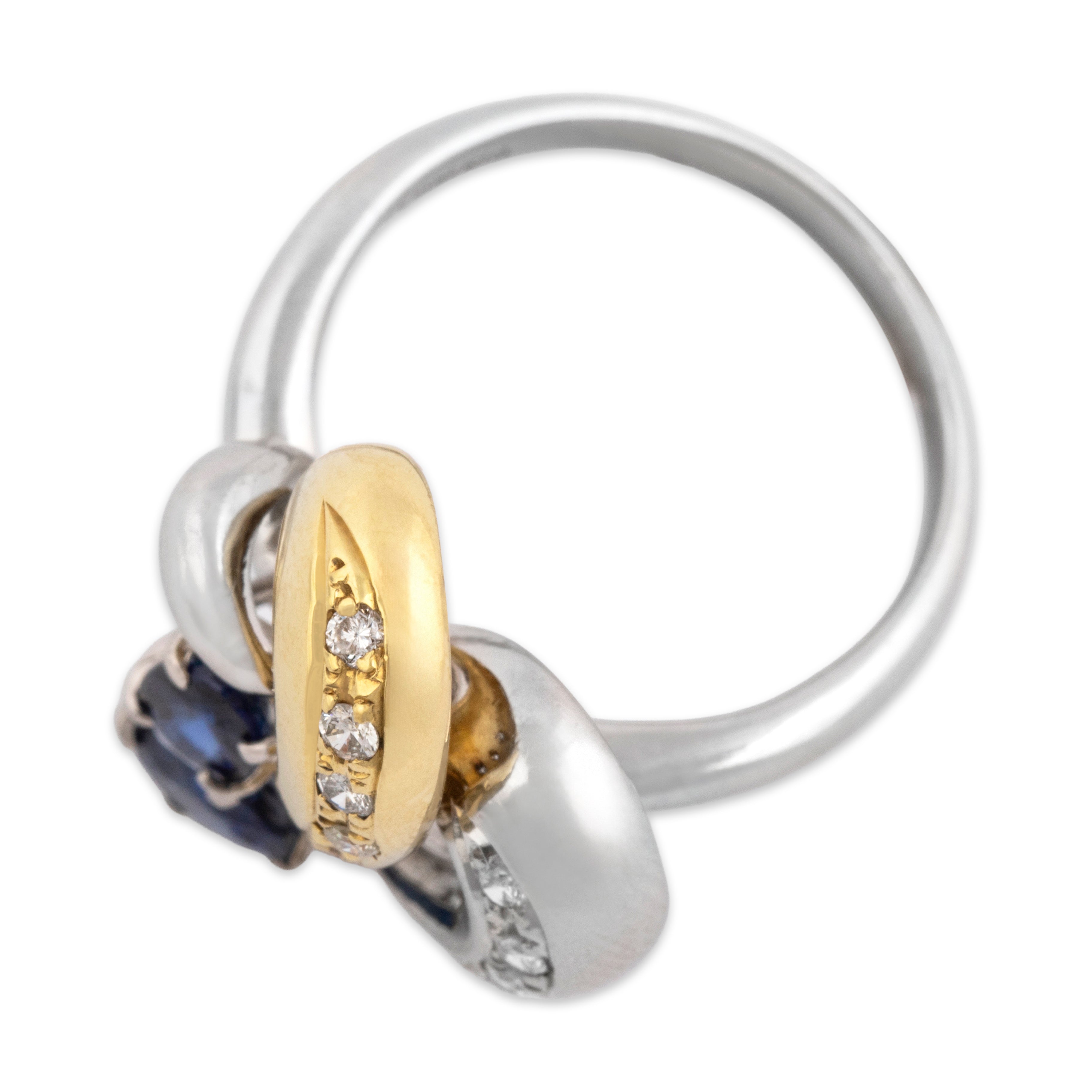 Vintage Heavy Platinum & 18k Yellow Gold 1.2cttw Blue Sapphire Diamond Duo Swooping Detail Ring - Overall view