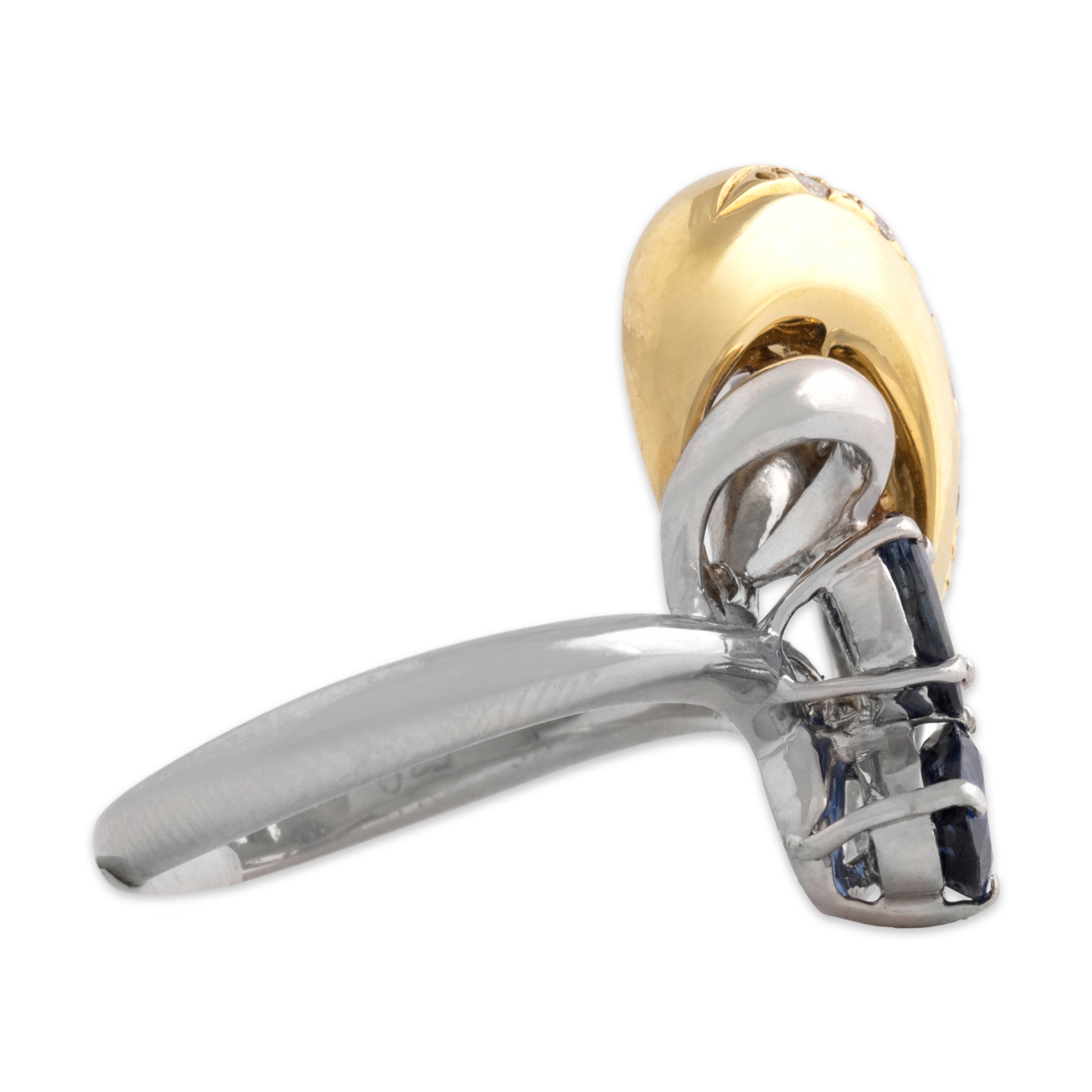 Vintage Heavy Platinum & 18k Yellow Gold 1.2cttw Blue Sapphire Diamond Duo Swooping Detail Ring - Side view