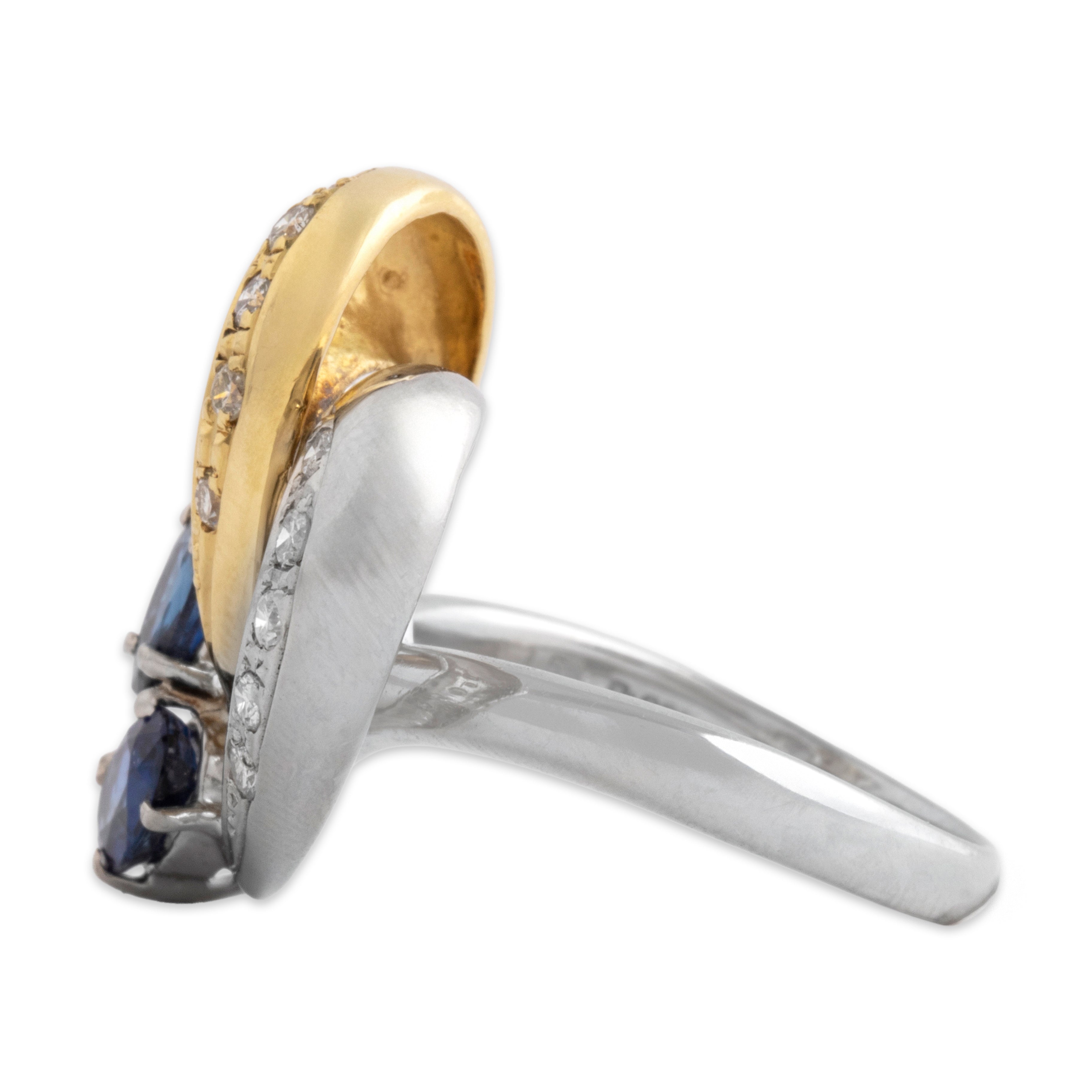 Vintage Heavy Platinum & 18k Yellow Gold 1.2cttw Blue Sapphire Diamond Duo Swooping Detail Ring - Side view
