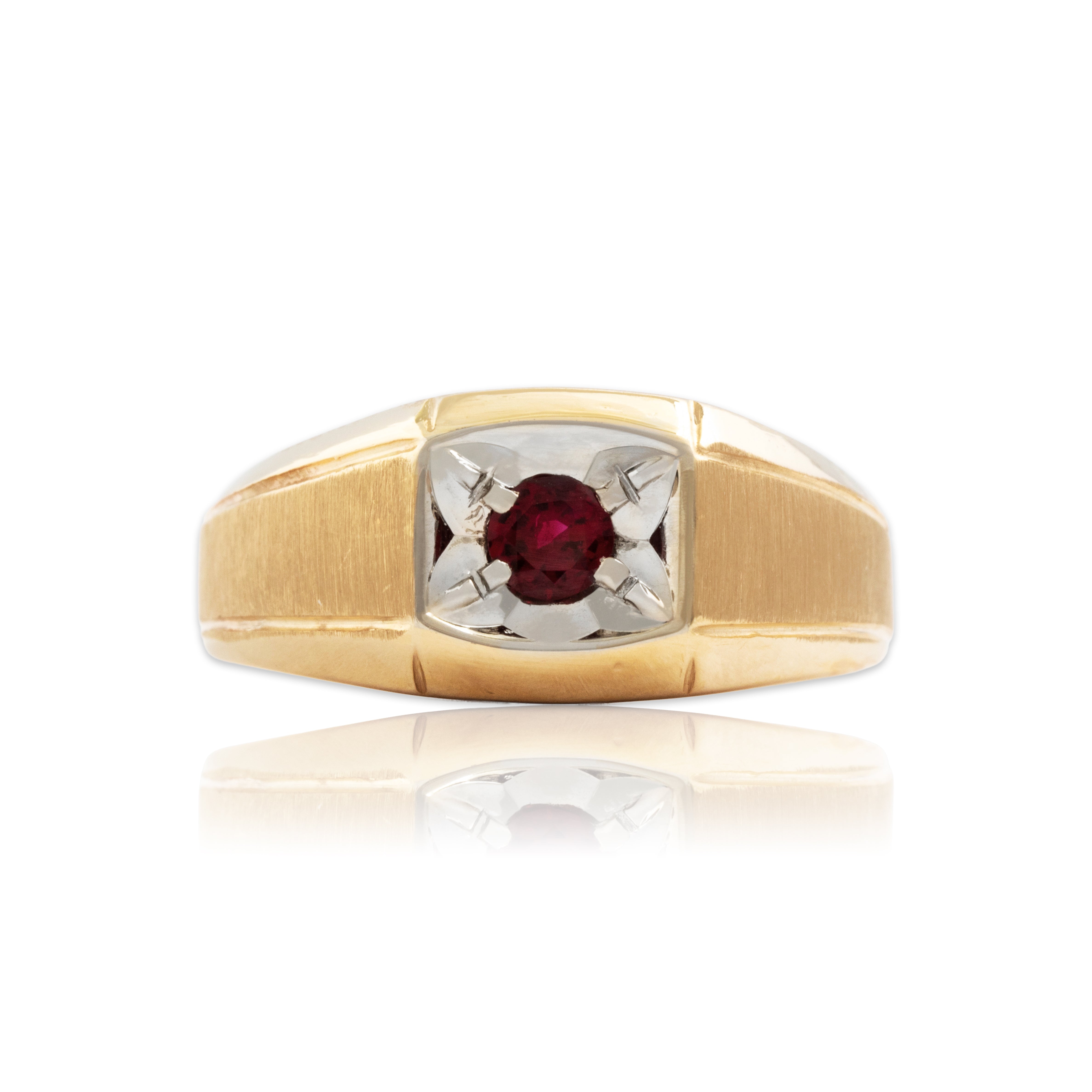 Vintage 14k Yellow & White Gold Ruby Bold Brushed Shoulder Solitaire Ring - Close-up view