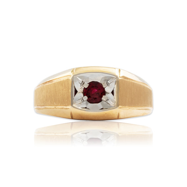 Vintage 14k Yellow & White Gold Ruby Bold Brushed Shoulder Solitaire Ring 10.00