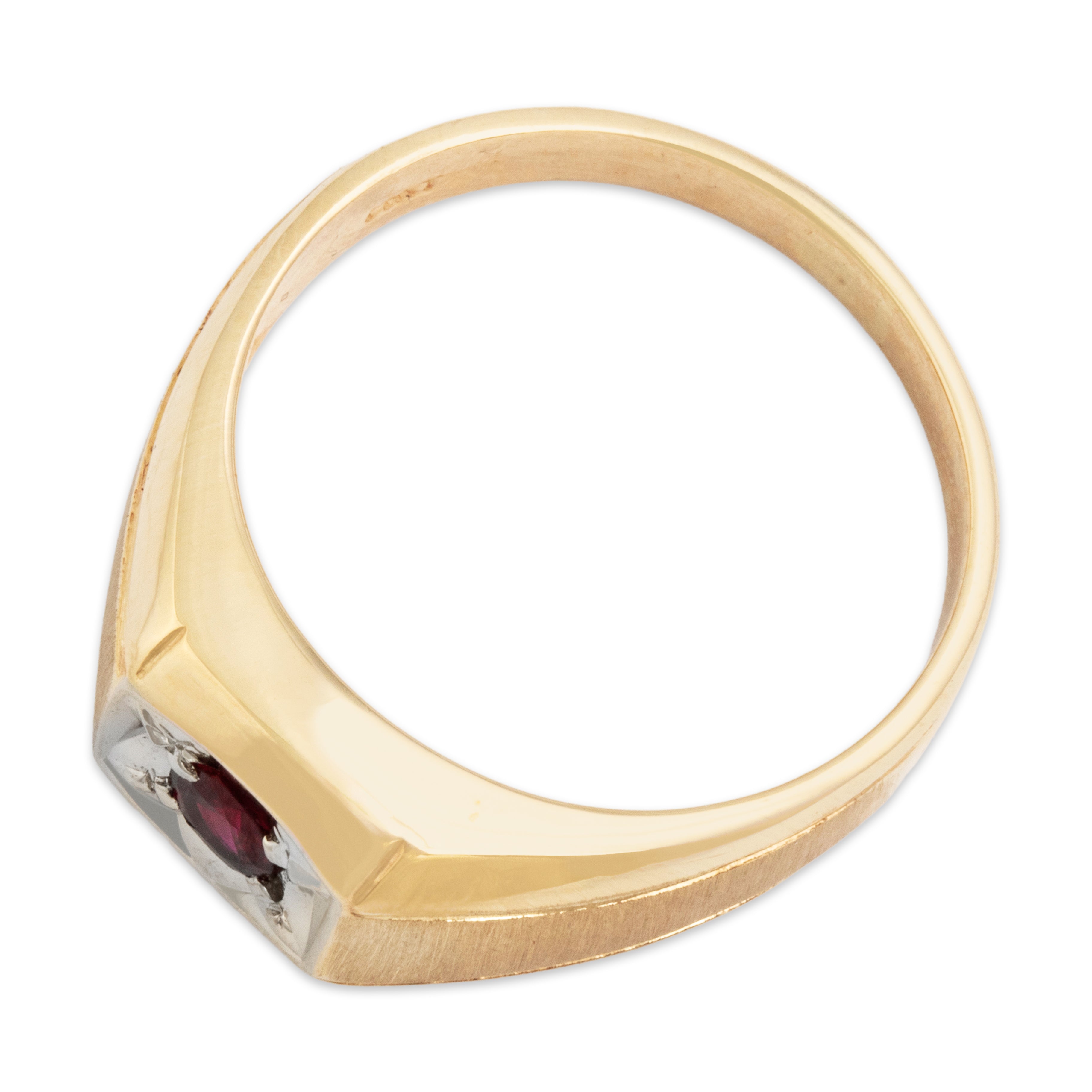 Vintage 14k Yellow & White Gold Ruby Bold Brushed Shoulder Solitaire Ring - Overall view