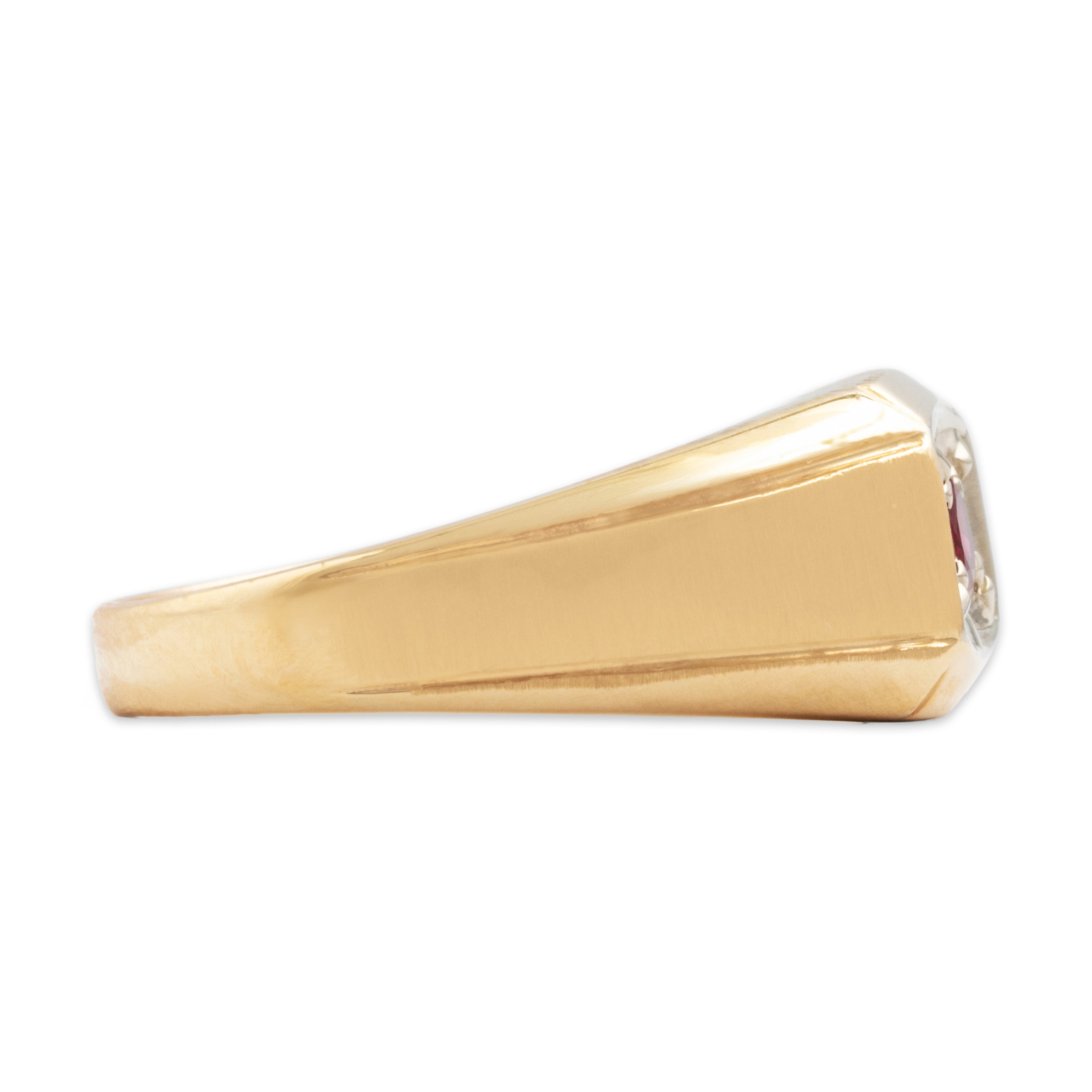 Vintage 14k Yellow & White Gold Ruby Bold Brushed Shoulder Solitaire Ring - Side view