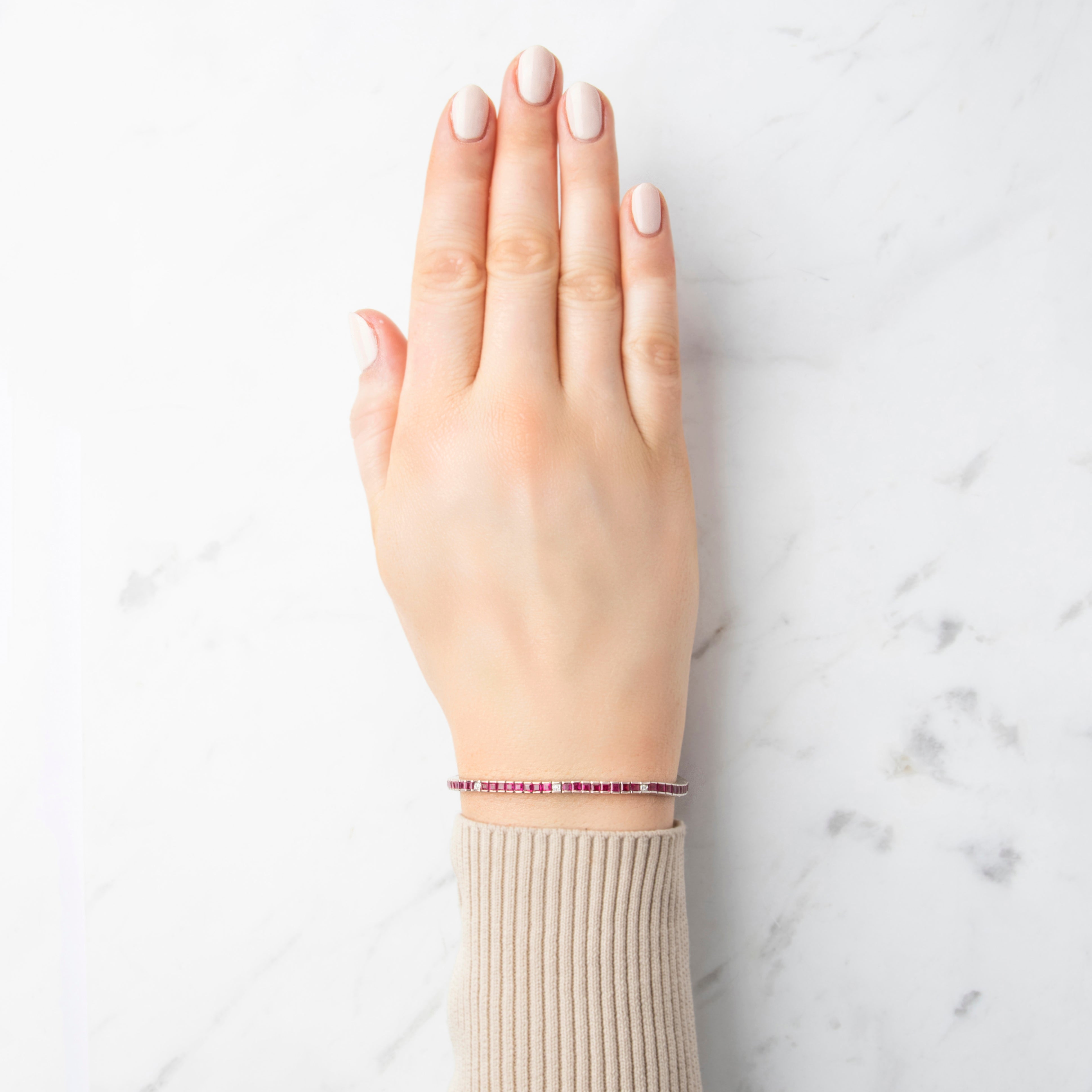 Vintage 14k White Gold 2.92cttw Ruby Diamond Square-Cut Tennis Bracelet - On model view