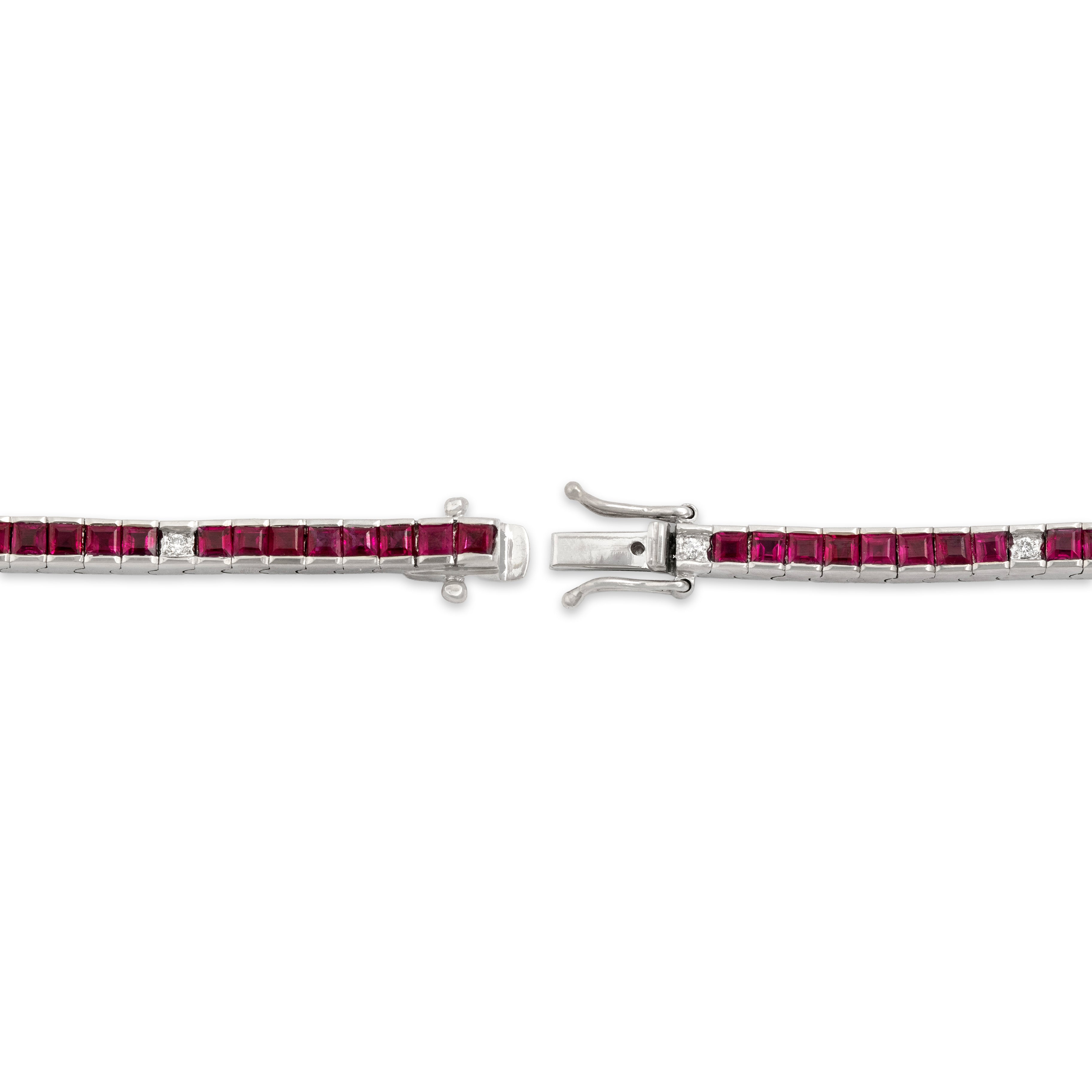 Vintage 14k White Gold 2.92cttw Ruby Diamond Square-Cut Tennis Bracelet - clasp view