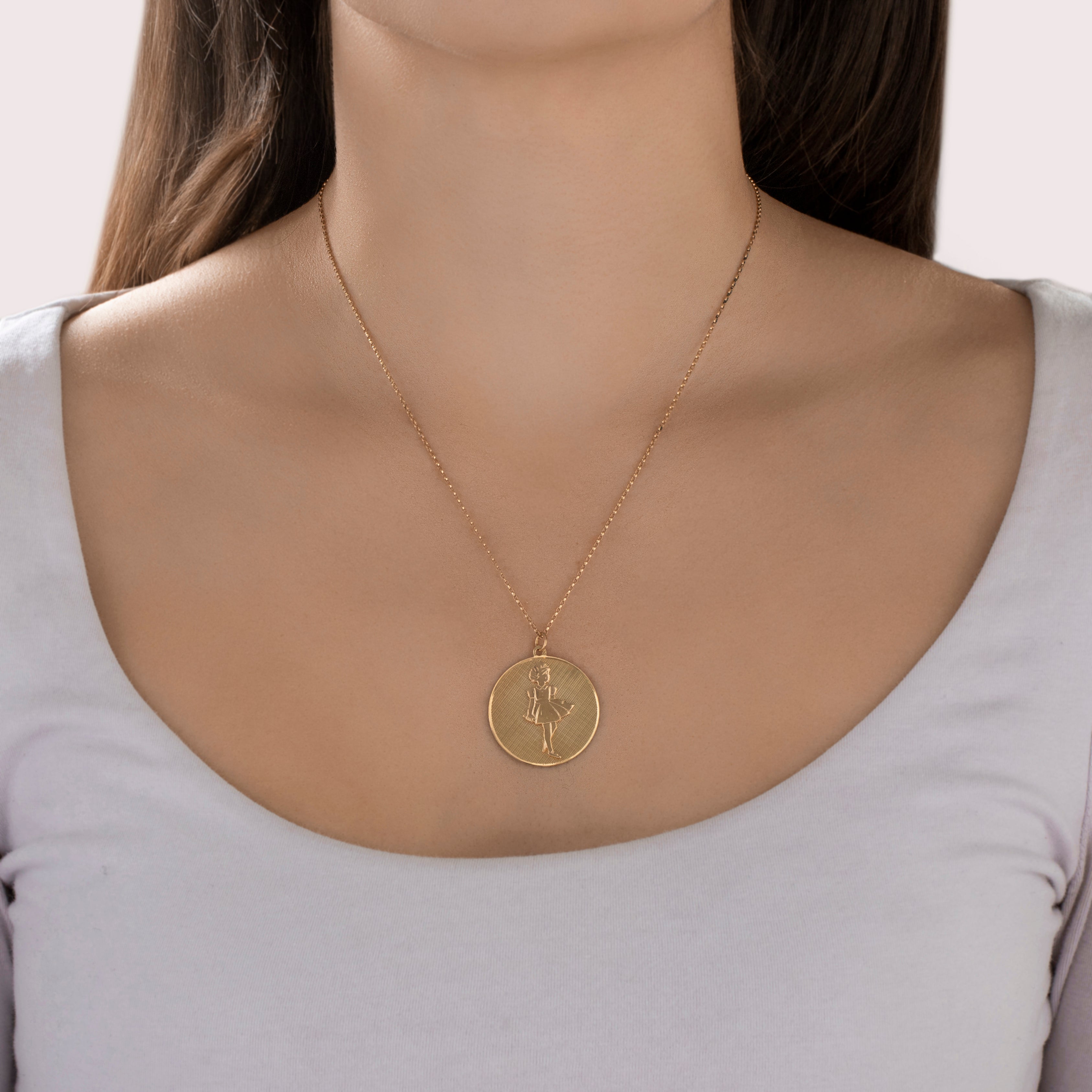 Vintage 14k Yellow Gold Large Figural Girl Medallion Charm / Pendant - On model view