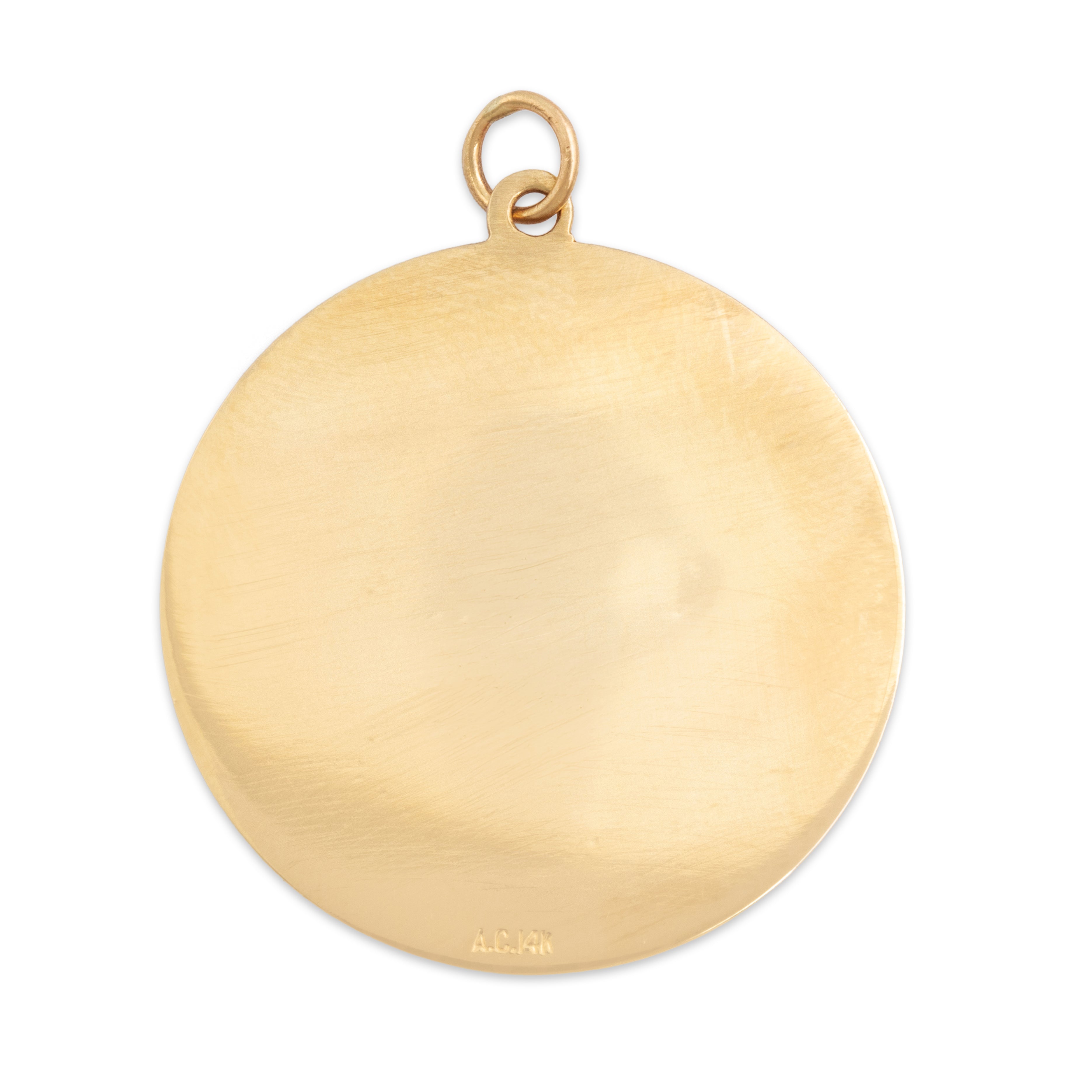 Vintage 14k Yellow Gold Large Figural Girl Medallion Charm / Pendant - Back view
