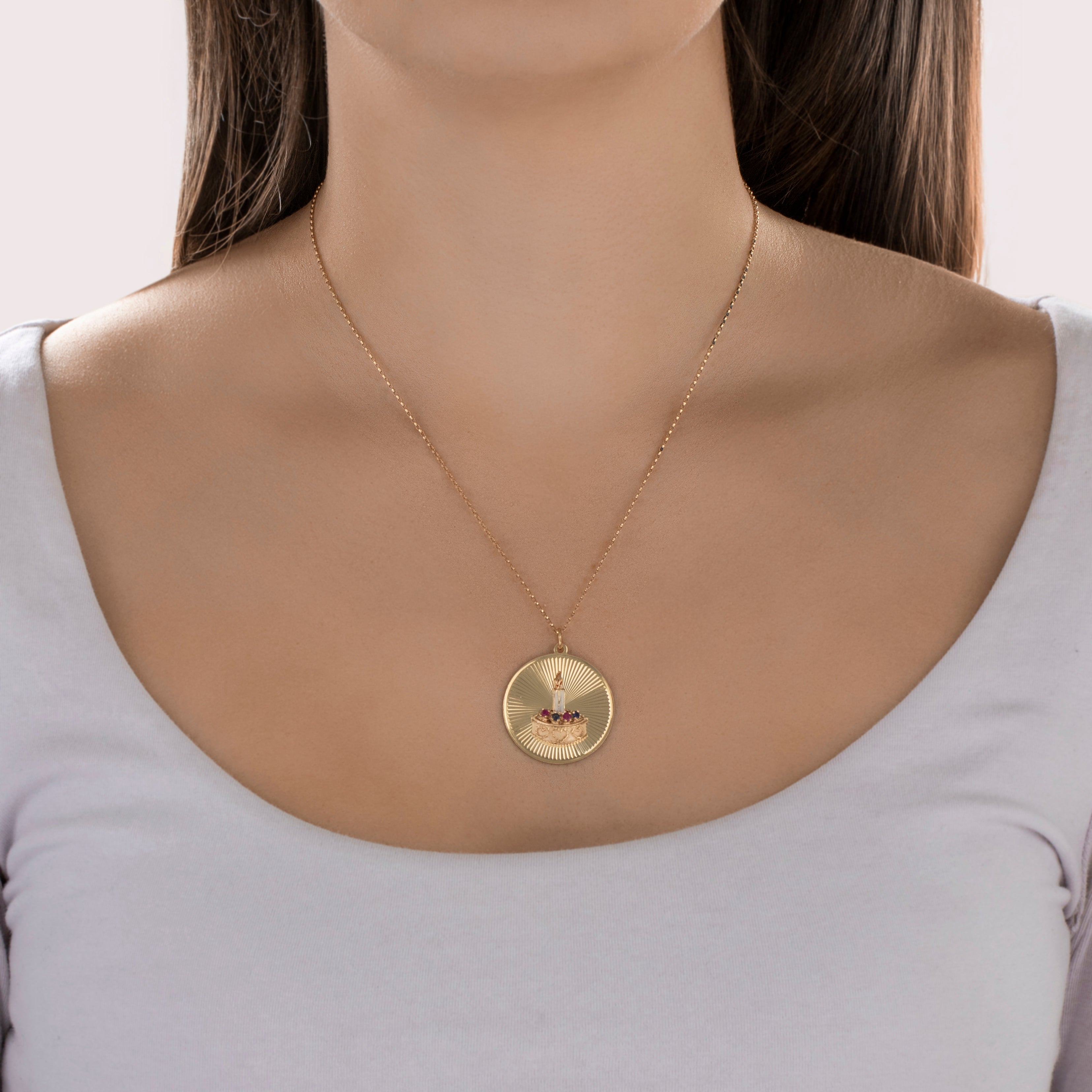 Vintage 14k Yellow Gold Ruby Sapphire Large Enamel Birthday Cake Charm / Pendant - On model view