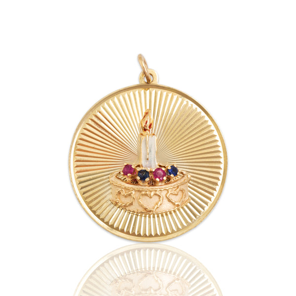 Vintage 14k Yellow Gold Ruby Sapphire Large Enamel Birthday Cake Charm / Pendant