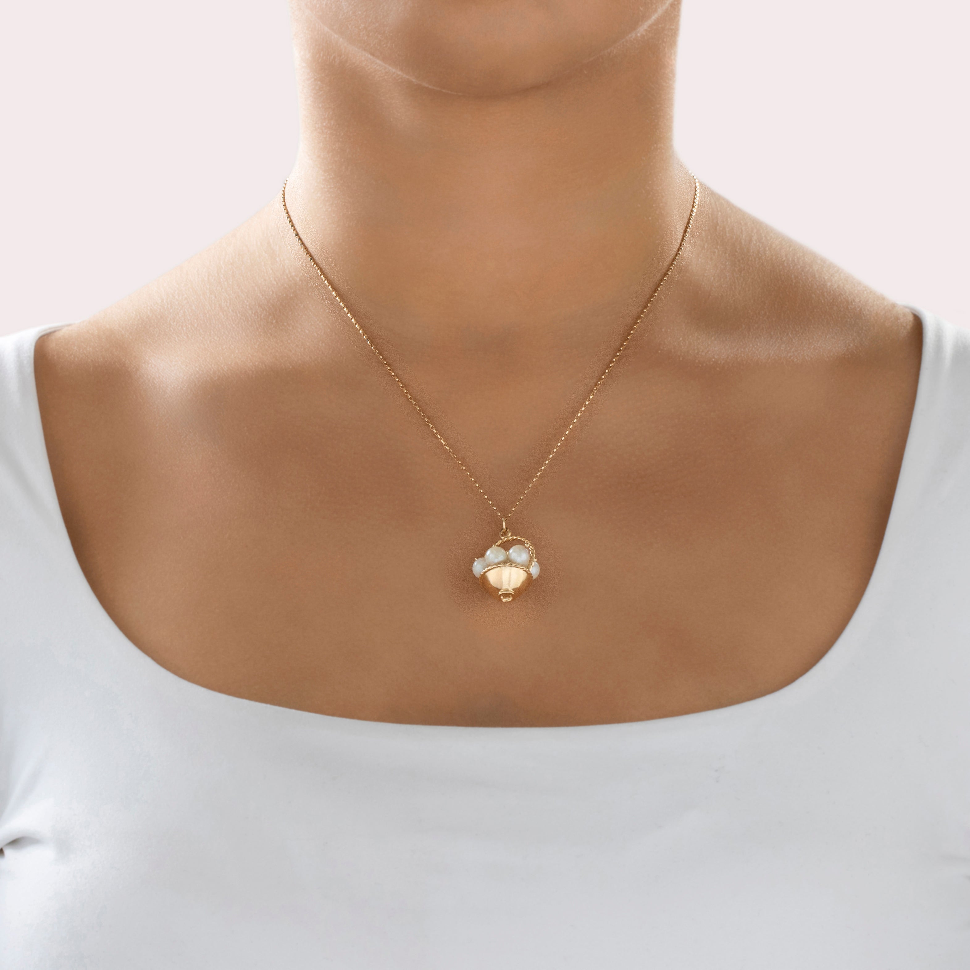 Vintage Heavy 14k Yellow Gold Pearl Delightful Berry Basket Charm / Pendant - On model view