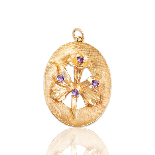 Vintage 14k Yellow Gold Purple Synthetic Sapphire Textured Iris Charm / Pendant