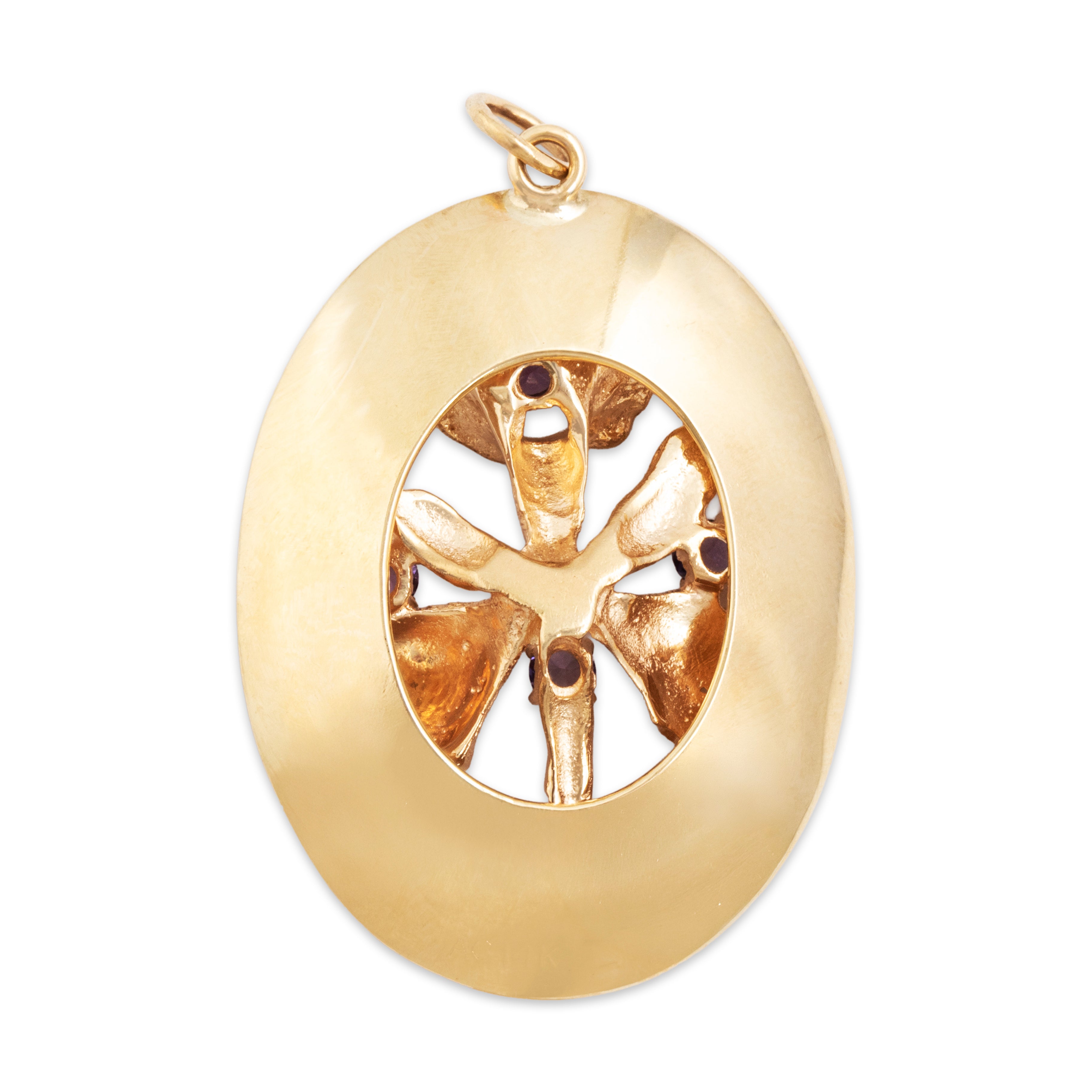 Vintage 14k Yellow Gold Purple Synthetic Sapphire Textured Iris Bloom Charm / Pendant - Back view