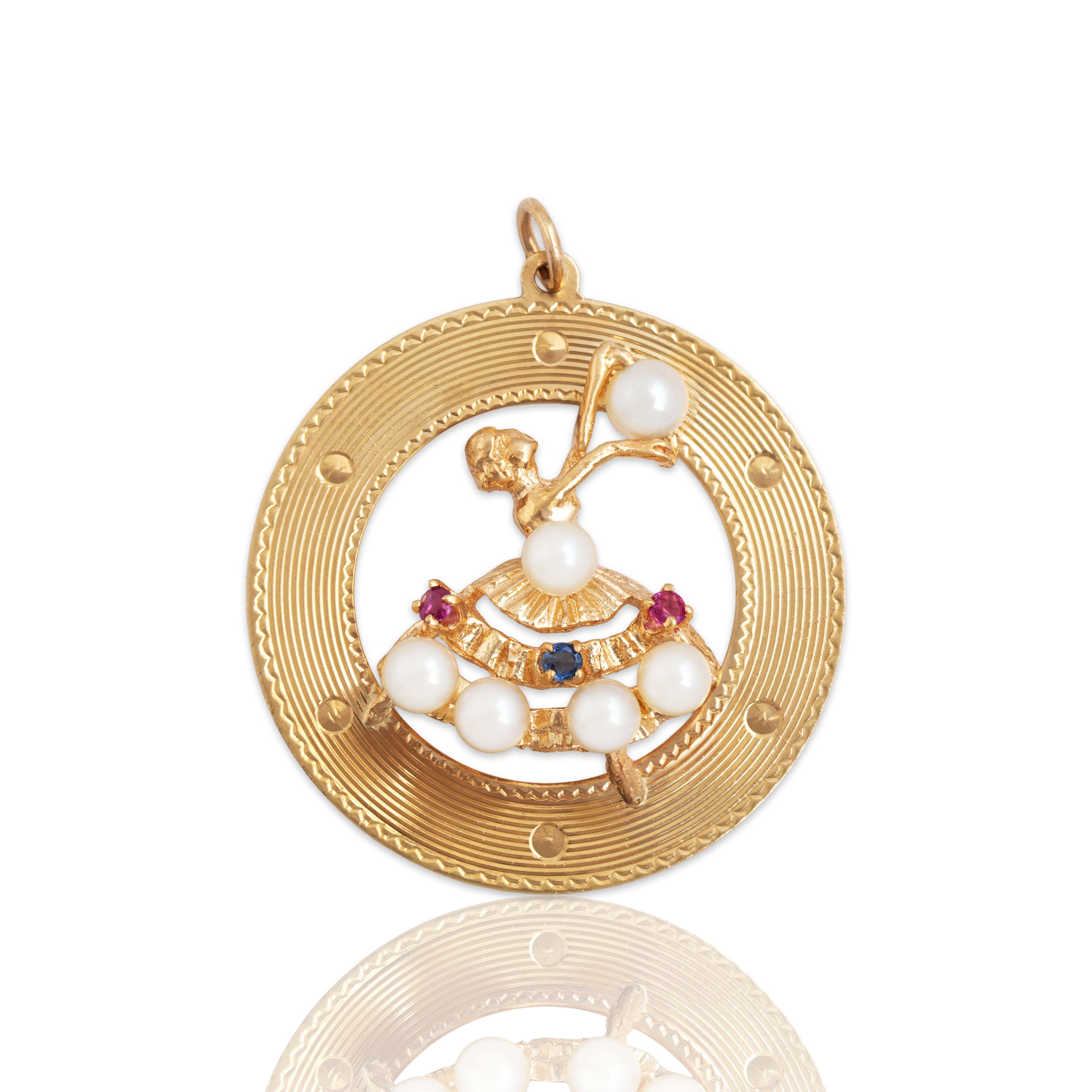 Vintage 14k Yellow Gold Ruby Blue Sapphire Pearl Large Ballerina Dancer Charm / Pendant - Close-up view