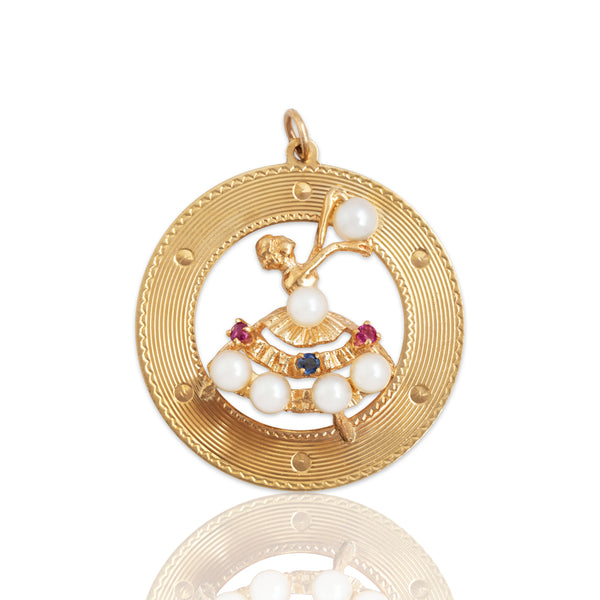 Vintage 14k Yellow Gold Ruby Sapphire Pearl Ballerina Dancer Large Charm / Pendant