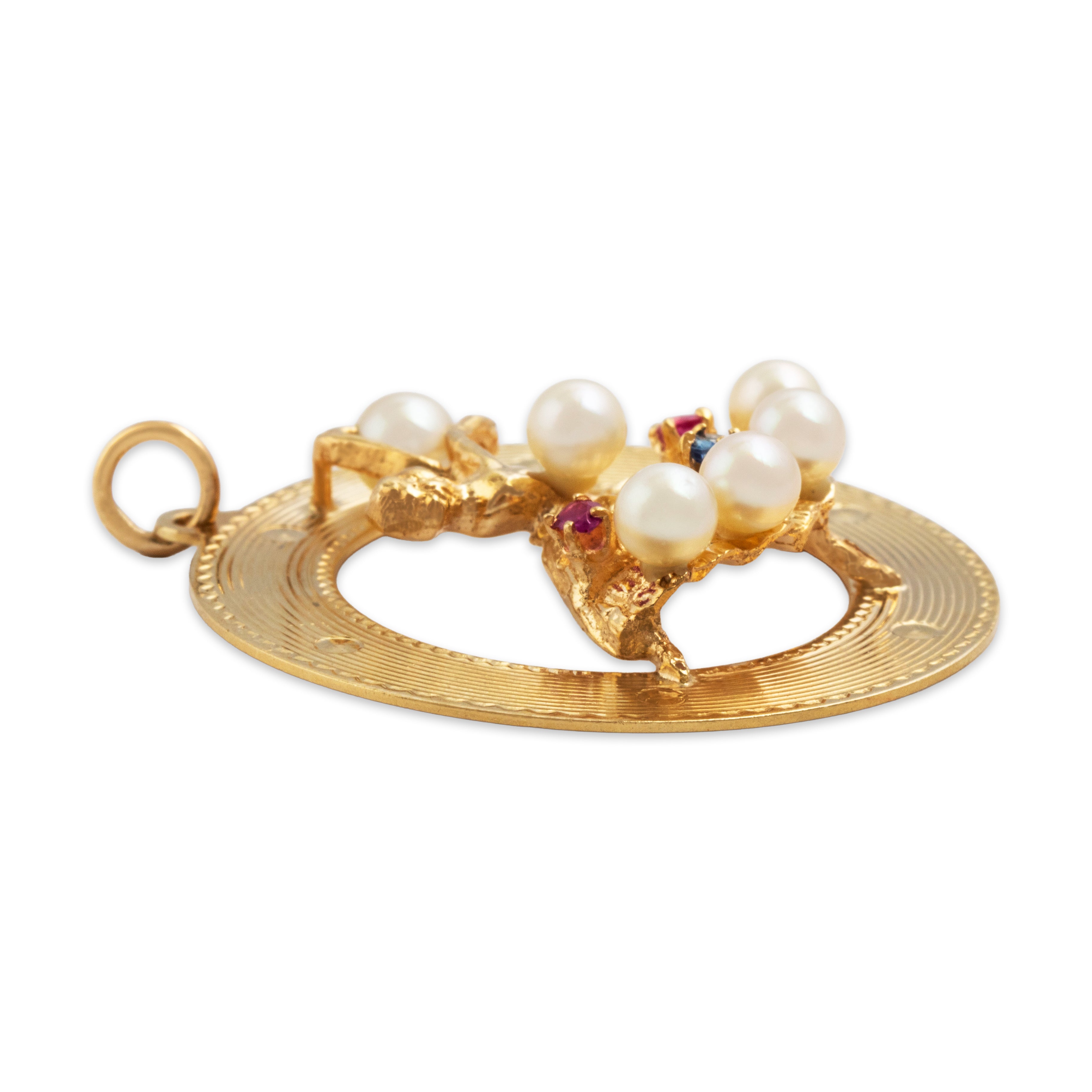 Vintage 14k Yellow Gold Ruby Blue Sapphire Pearl Large Ballerina Dancer Charm / Pendant - Side view