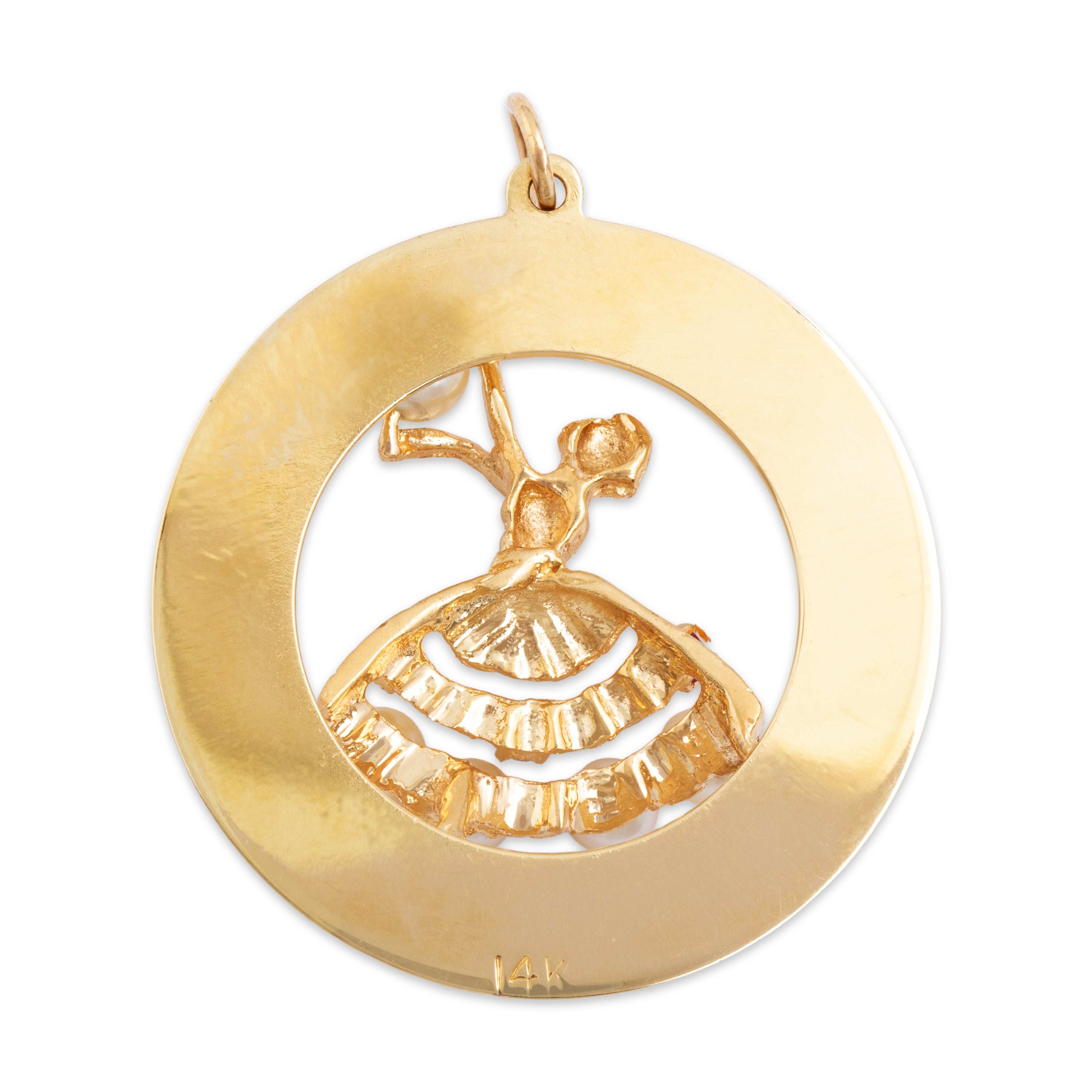 Vintage 14k Yellow Gold Ruby Blue Sapphire Pearl Large Ballerina Dancer Charm / Pendant - Back view