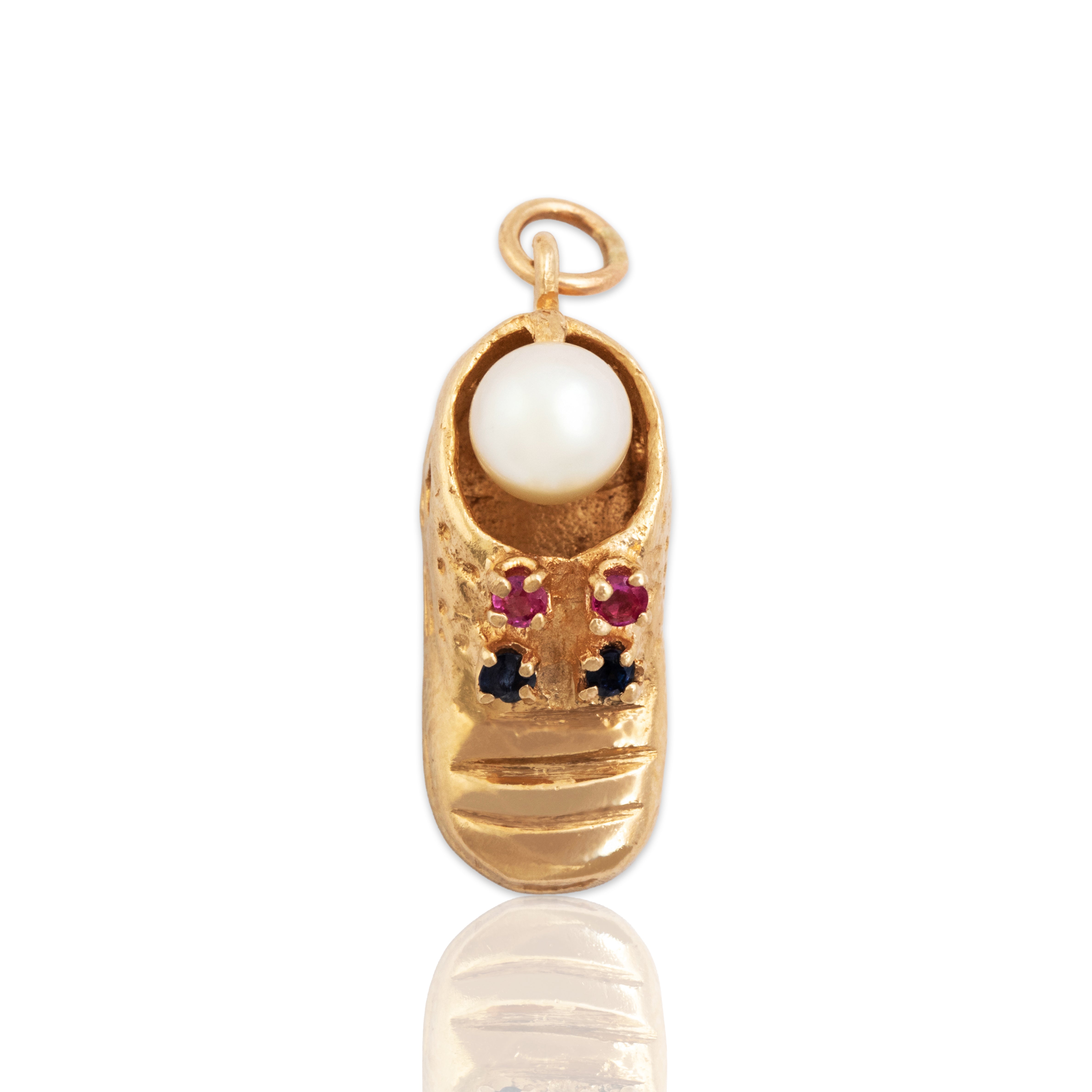 Vintage 14k Yellow Gold Ruby Blue Sapphire Pearl Whimsical Shoe Charm / Pendant - Close-up view