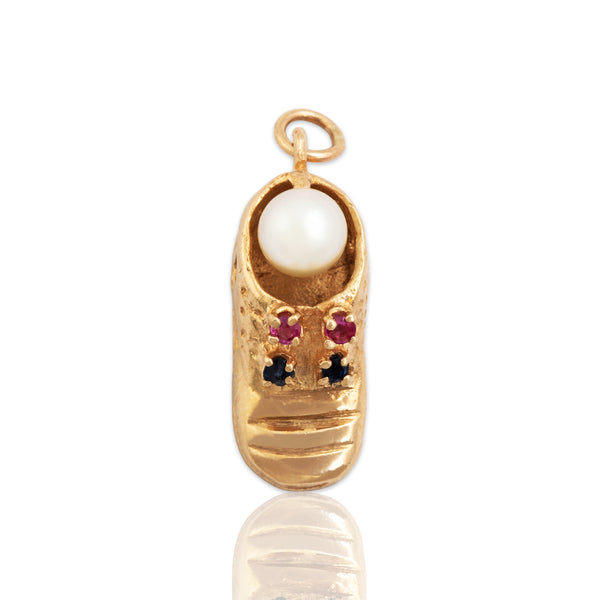 Vintage 14k Yellow Gold Ruby Sapphire Pearl Whimsical Shoe Charm / Pendant