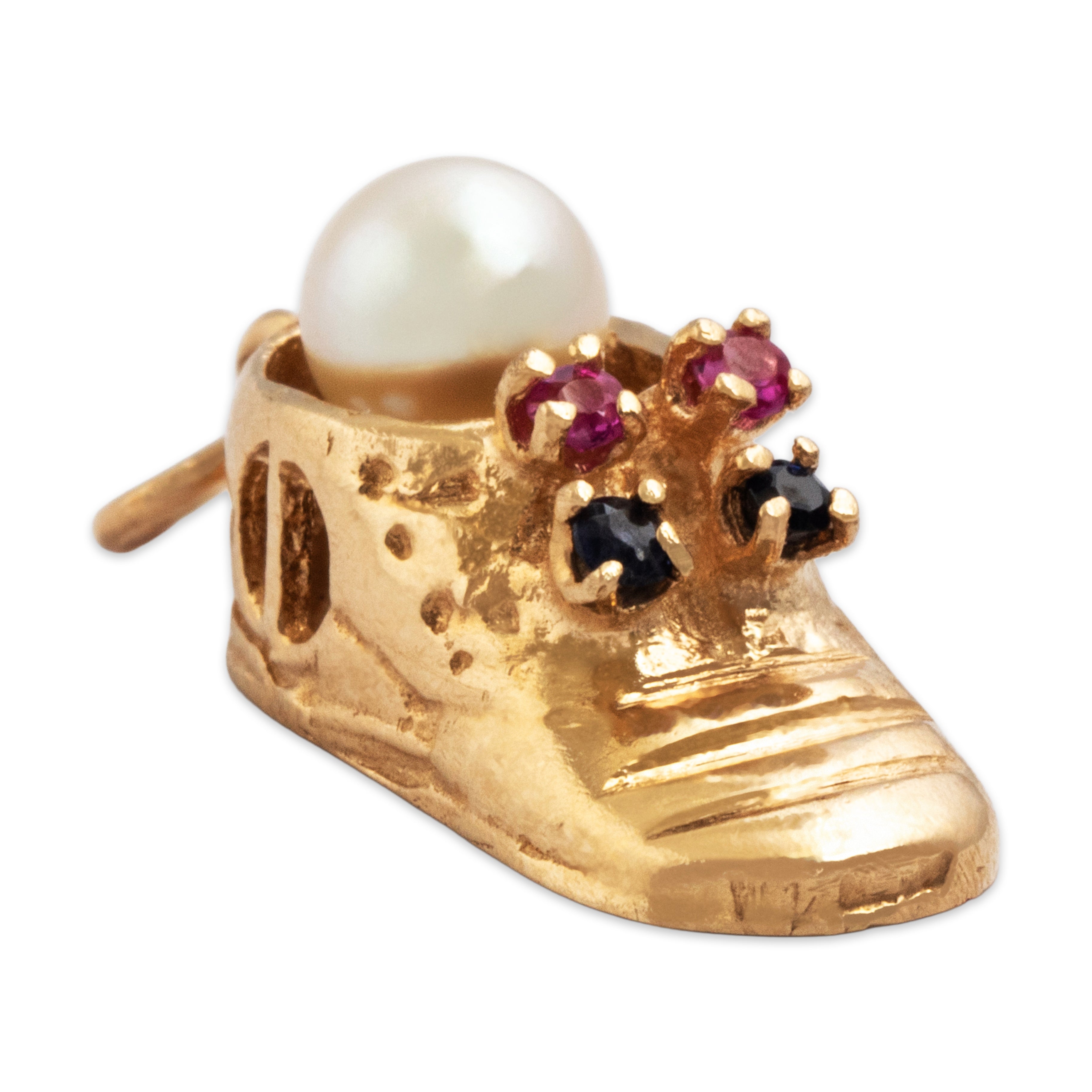 Vintage 14k Yellow Gold Ruby Blue Sapphire Pearl Whimsical Shoe Charm / Pendant - detail view #2