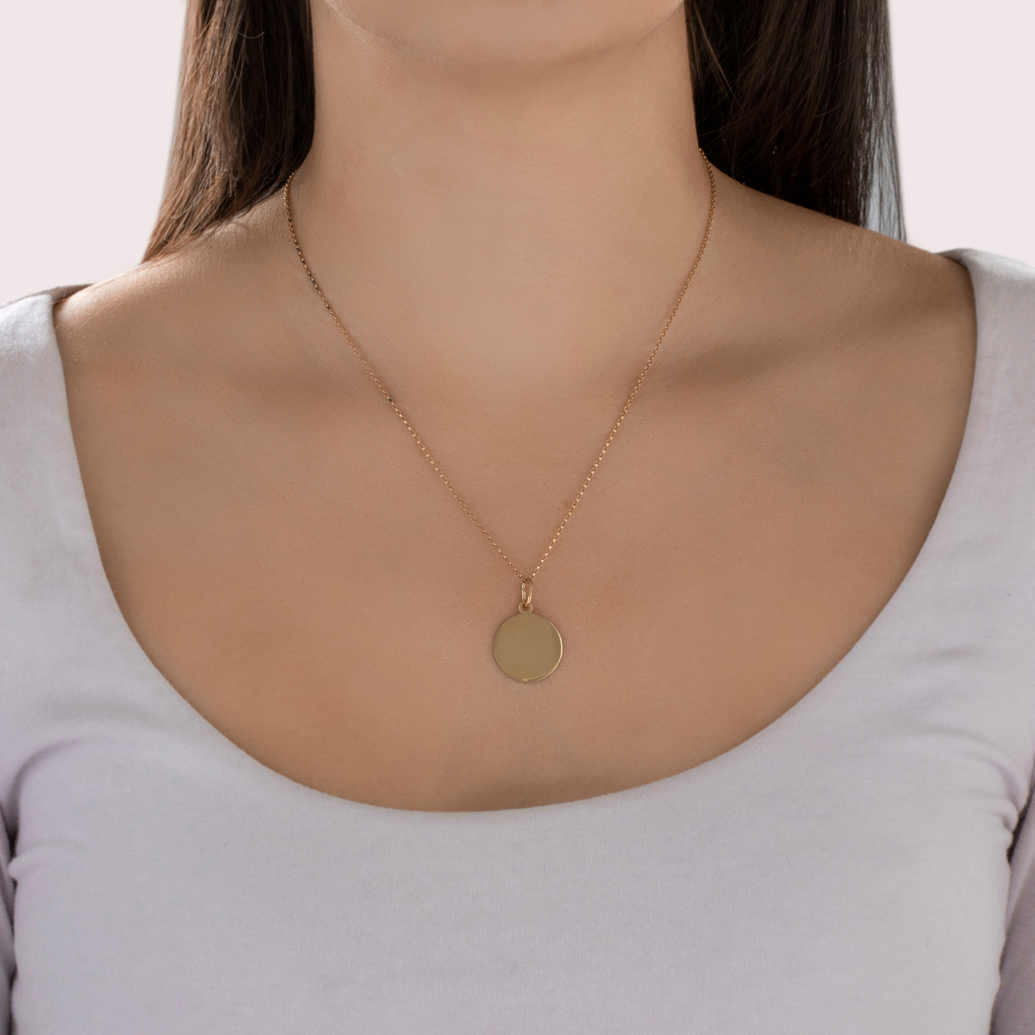 Vintage 14k Yellow Gold Gleaming Sleek Circle Charm / Pendant - On model view