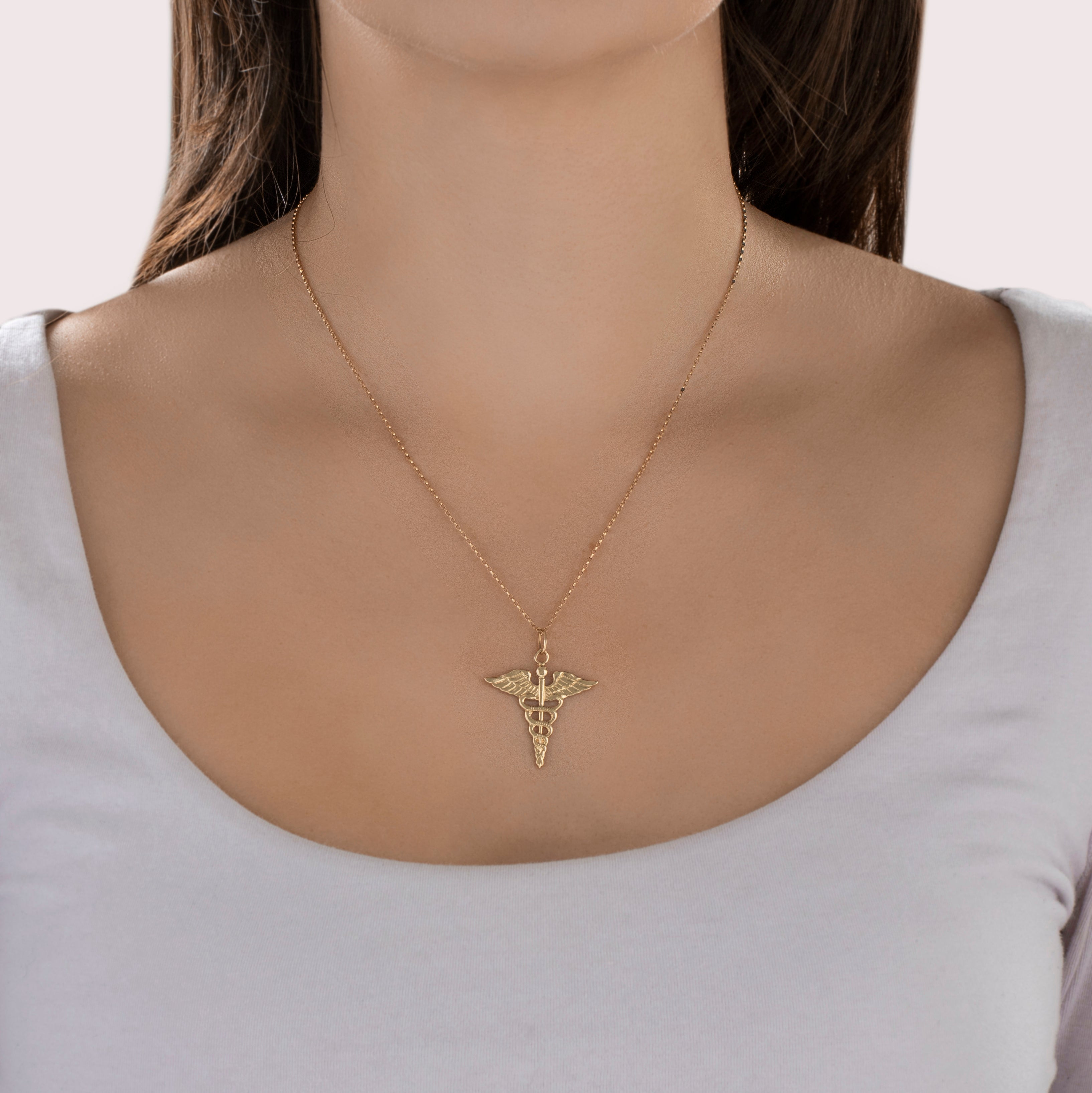 Vintage 14k Yellow Gold Large Caduceus Charm / Pendant- On model view