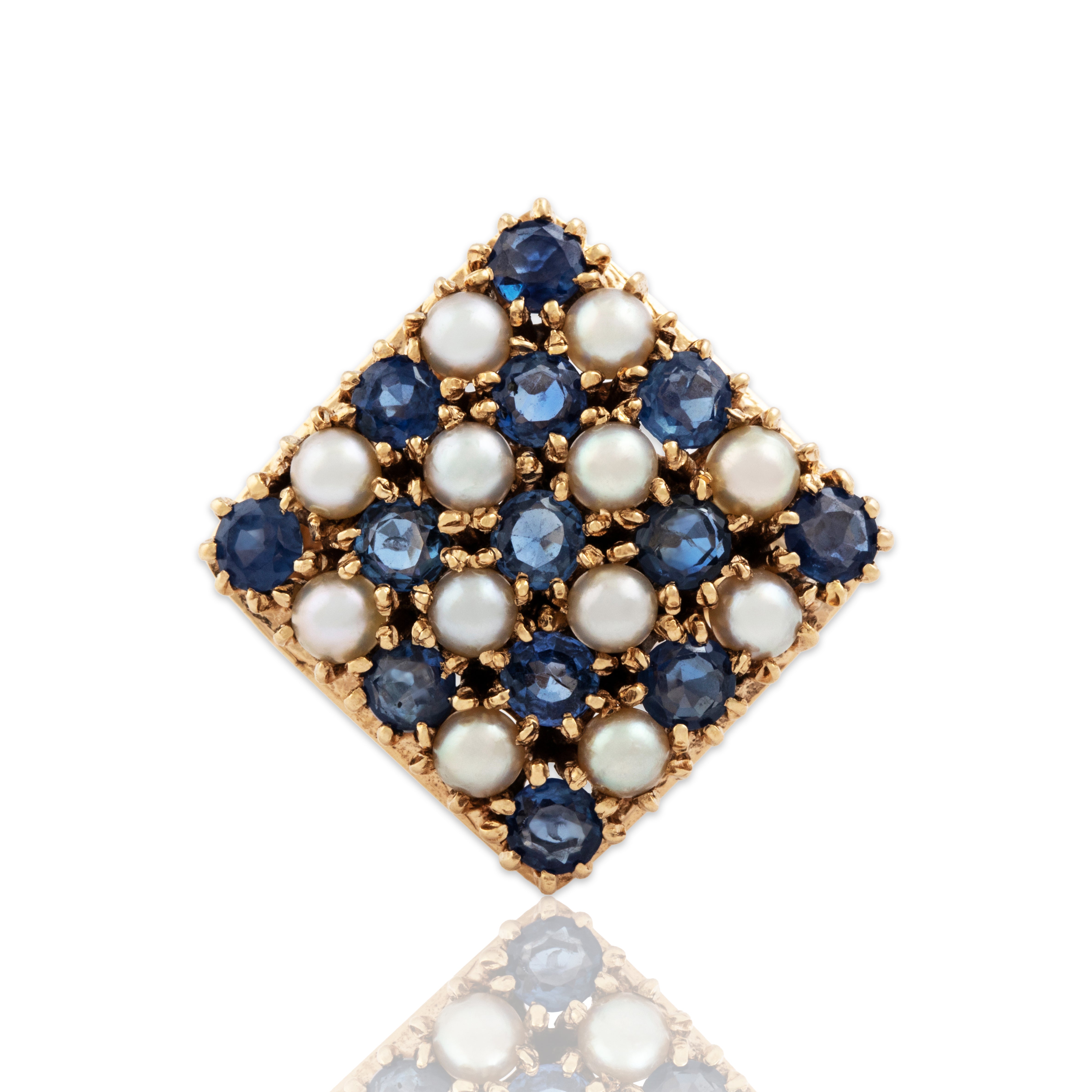 Vintage 14k Yellow Gold 1.17ct Blue Sapphire Pearl Heavy Fantastic Checkerboard Tile Ring - Close-up view