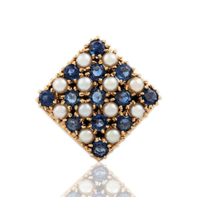 Vintage 14k Yellow Gold 1.17cttw Blue Sapphire Pearl Heavy Checkerboard Ring 5.50