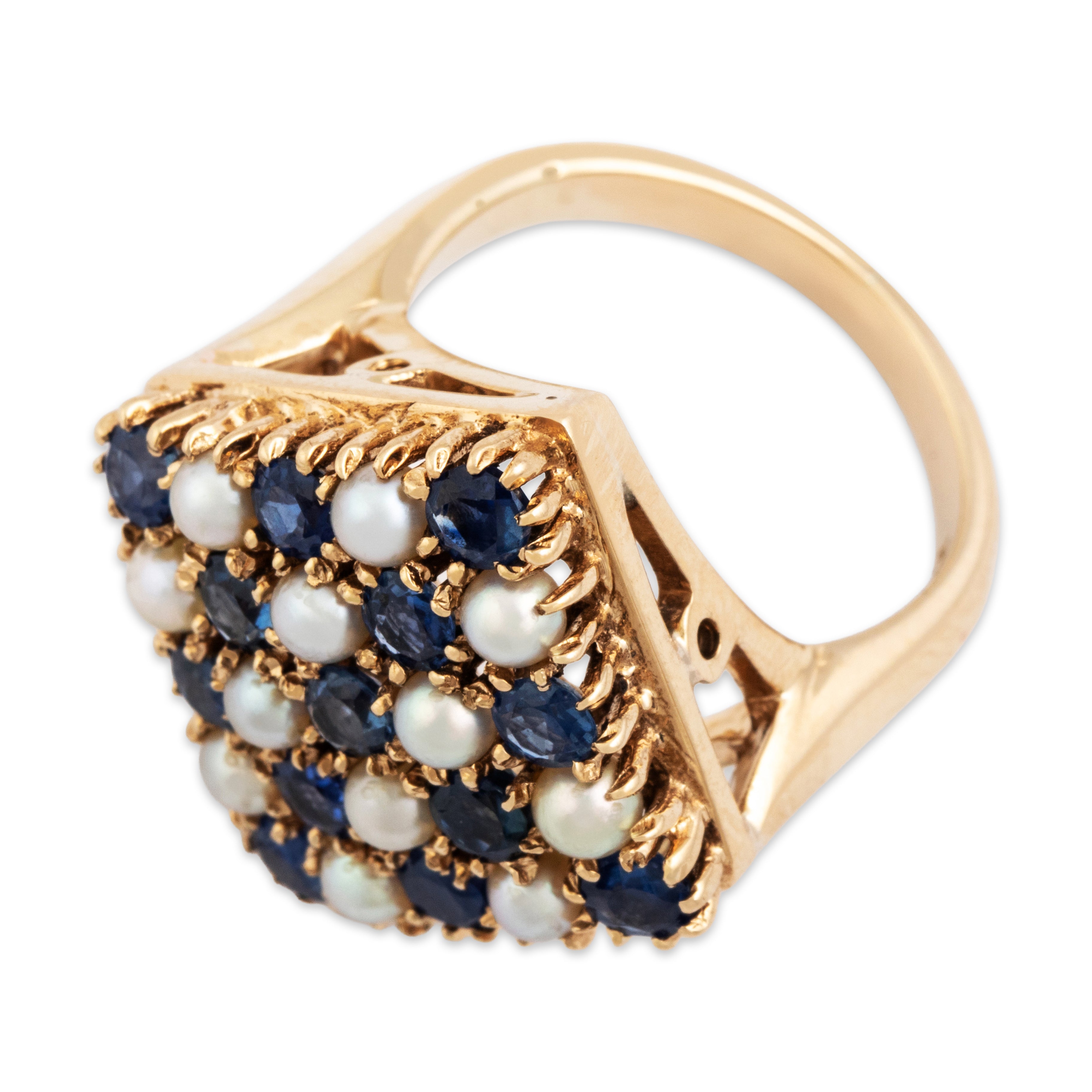 Vintage 14k Yellow Gold 1.17ct Blue Sapphire Pearl Heavy Fantastic Checkerboard Tile Ring - Overall view