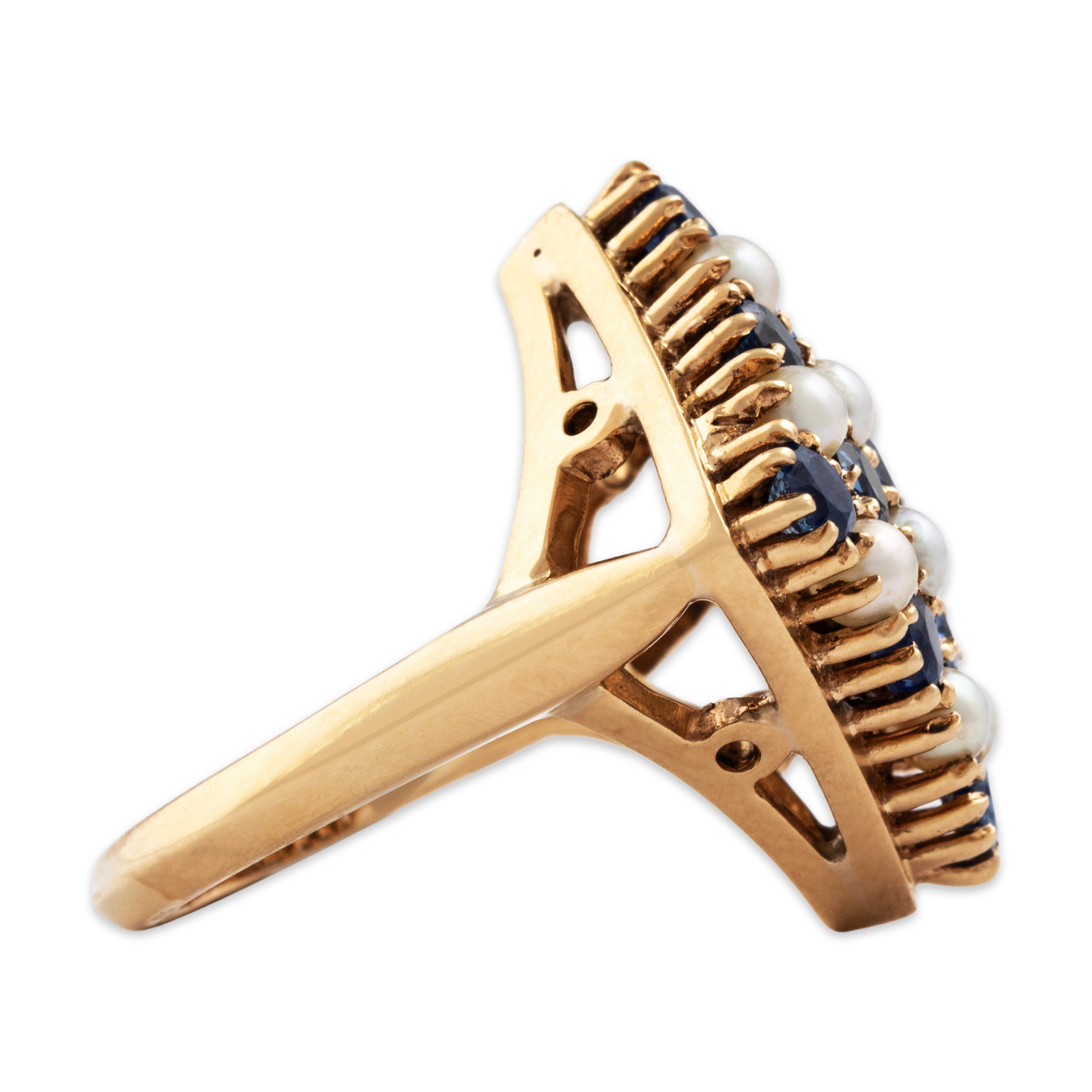 Vintage 14k Yellow Gold 1.17ct Blue Sapphire Pearl Heavy Fantastic Checkerboard Tile Ring - Side view