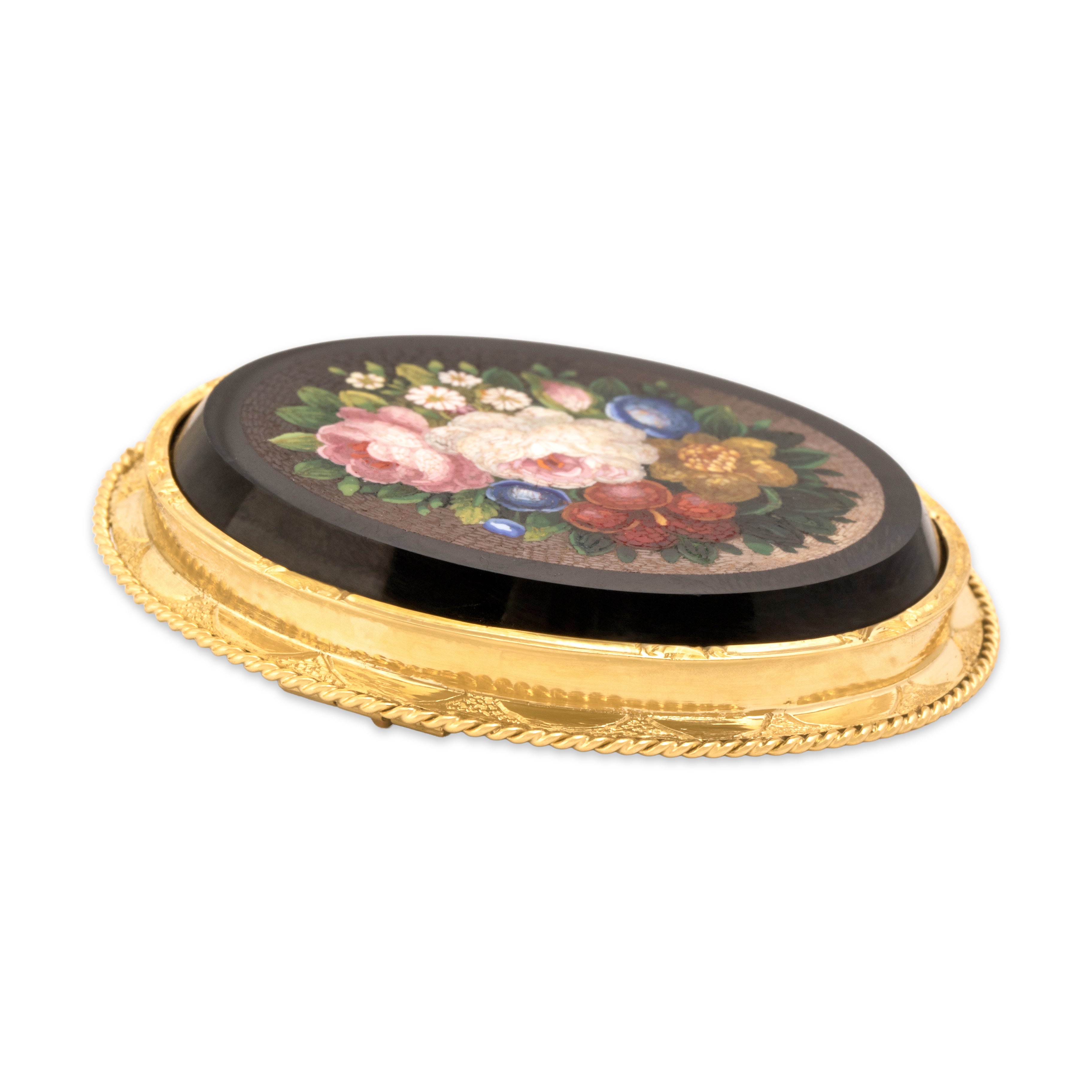 Antique French 18k Yellow Gold Outstanding Oversized Museum Quality Micromosaic Floral Brooch / Pin - Side view