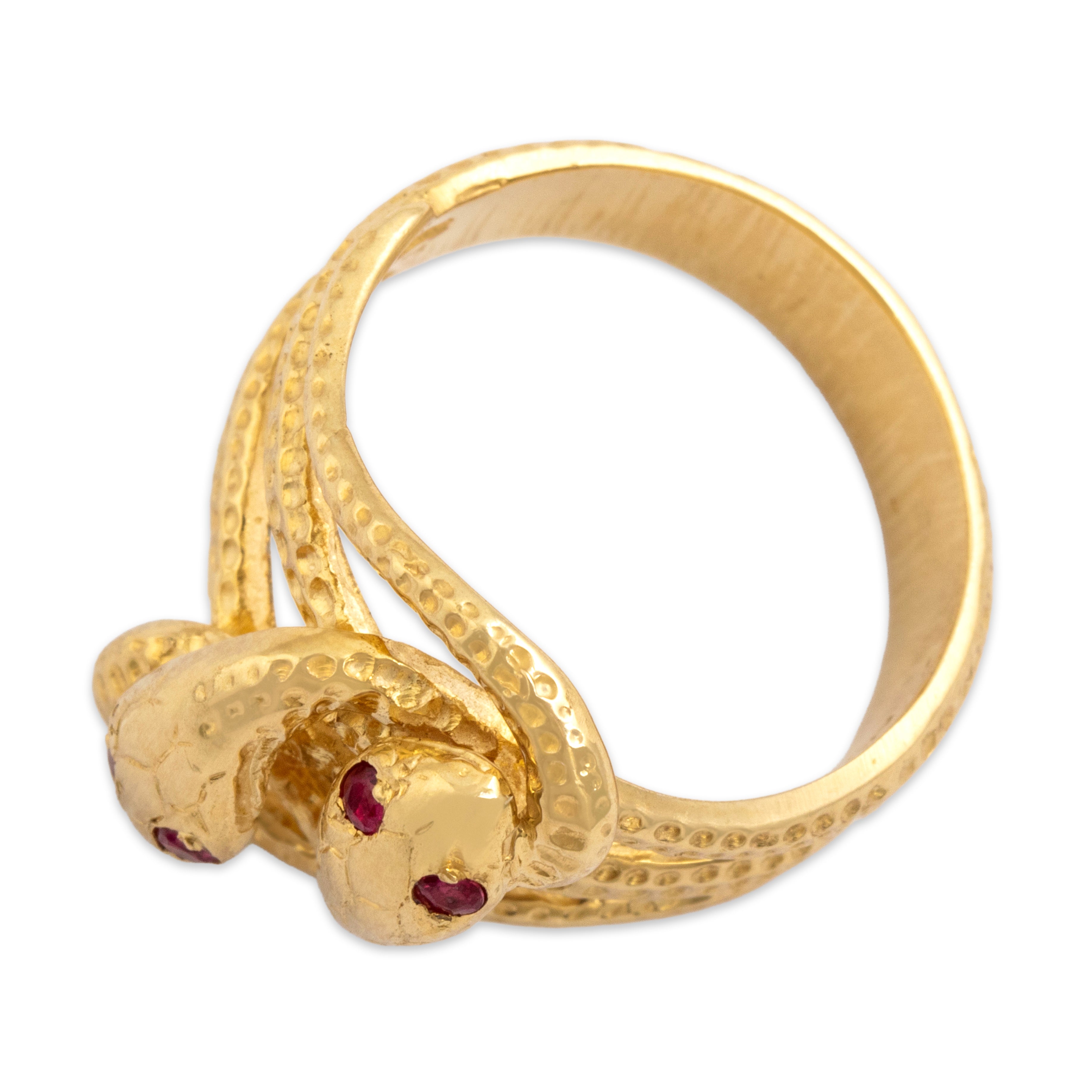 Vintage Heavy 18k Yellow Gold Ruby Mystical Intertwined Snakes Ring - Overall view