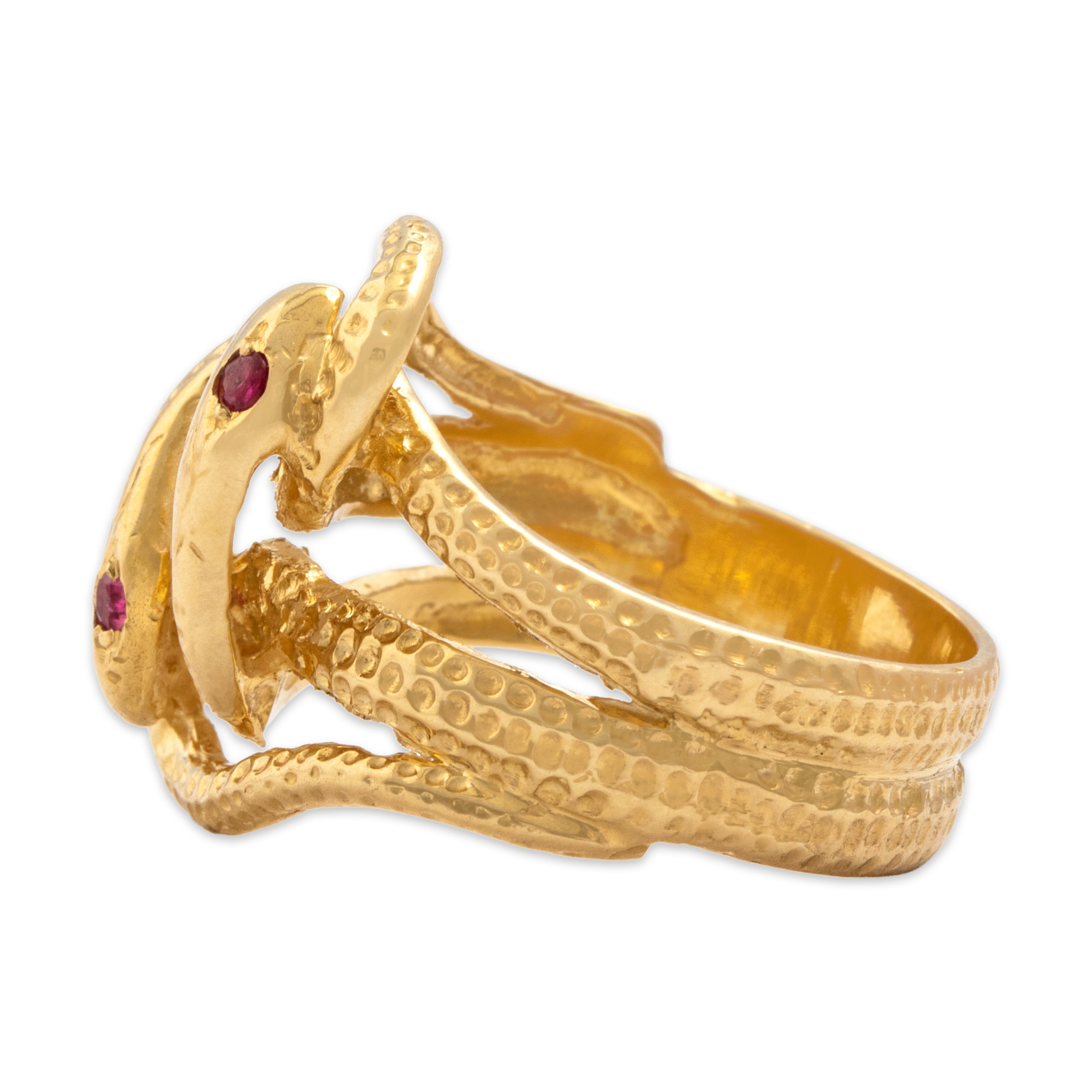 Vintage Heavy 18k Yellow Gold Ruby Mystical Intertwined Snakes Ring - Side view