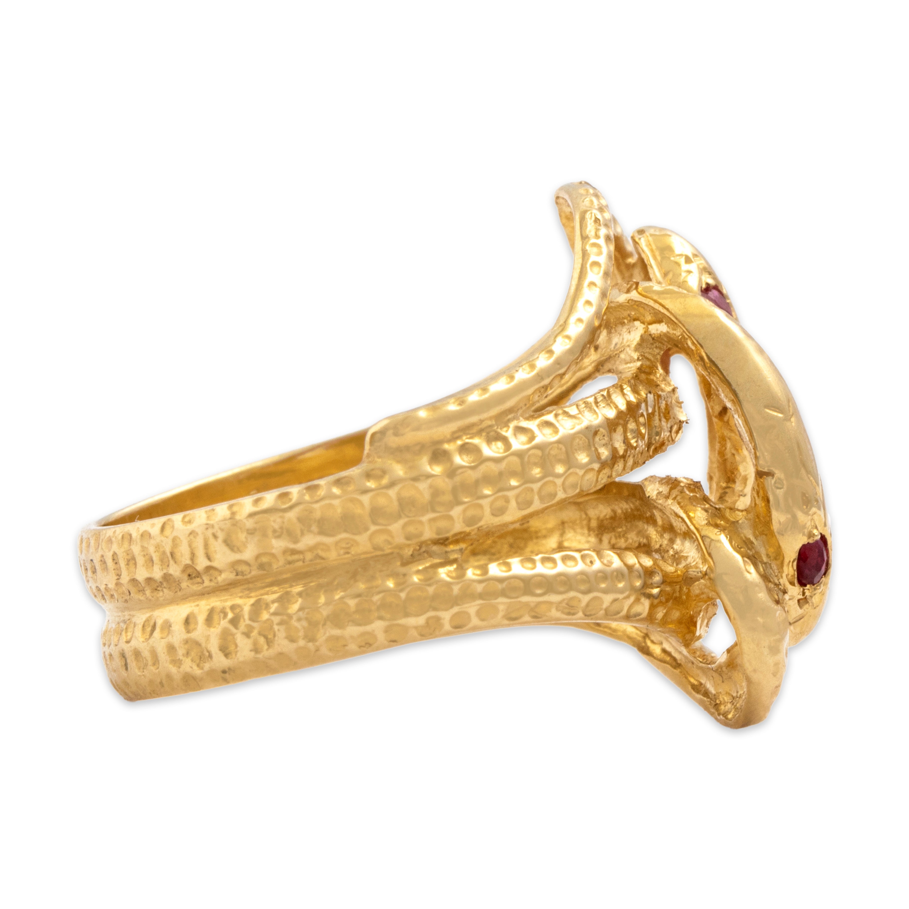 Vintage Heavy 18k Yellow Gold Ruby Mystical Intertwined Snakes Ring - Side view