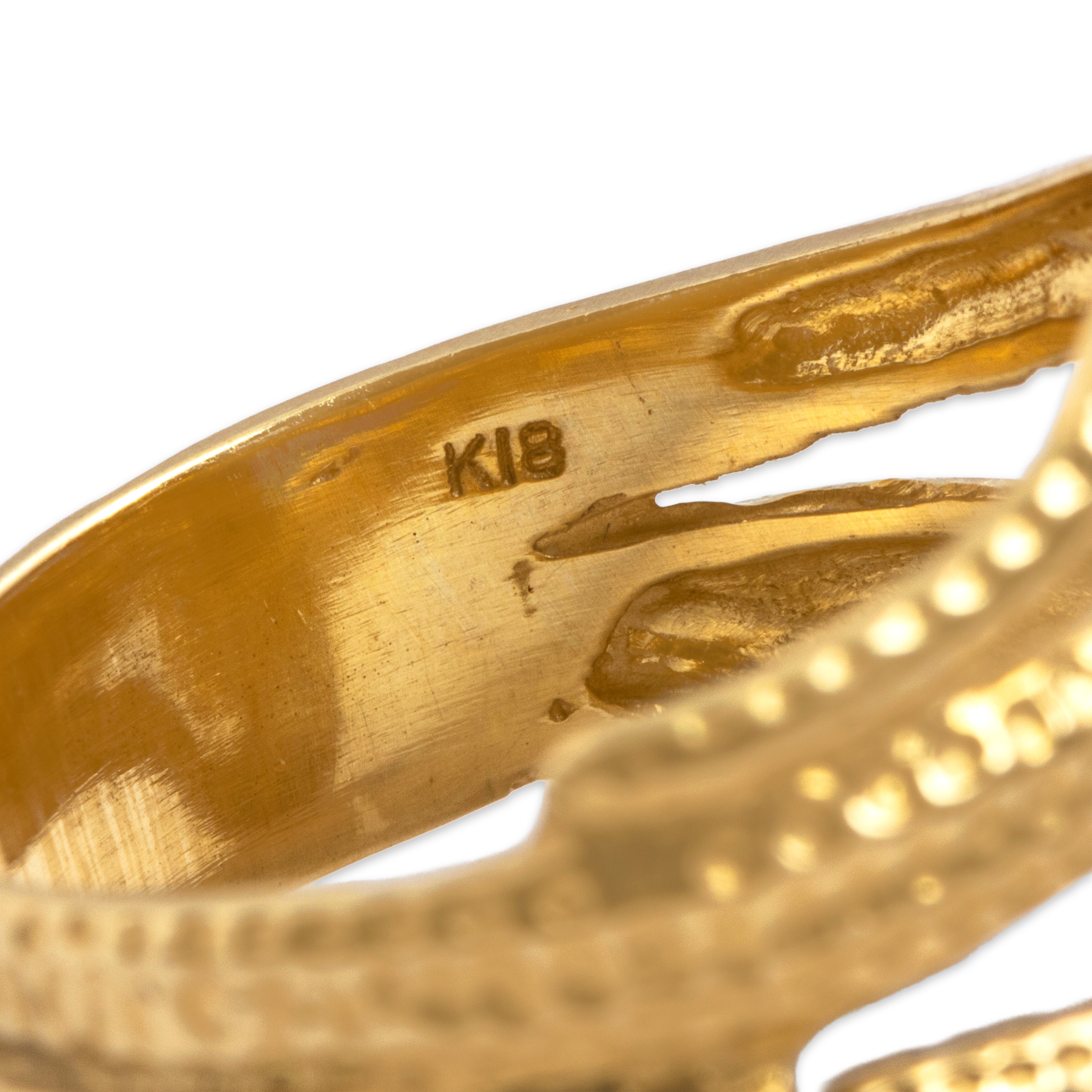 Vintage Heavy 18k Yellow Gold Ruby Mystical Intertwined Snakes Ring - Hallmark view