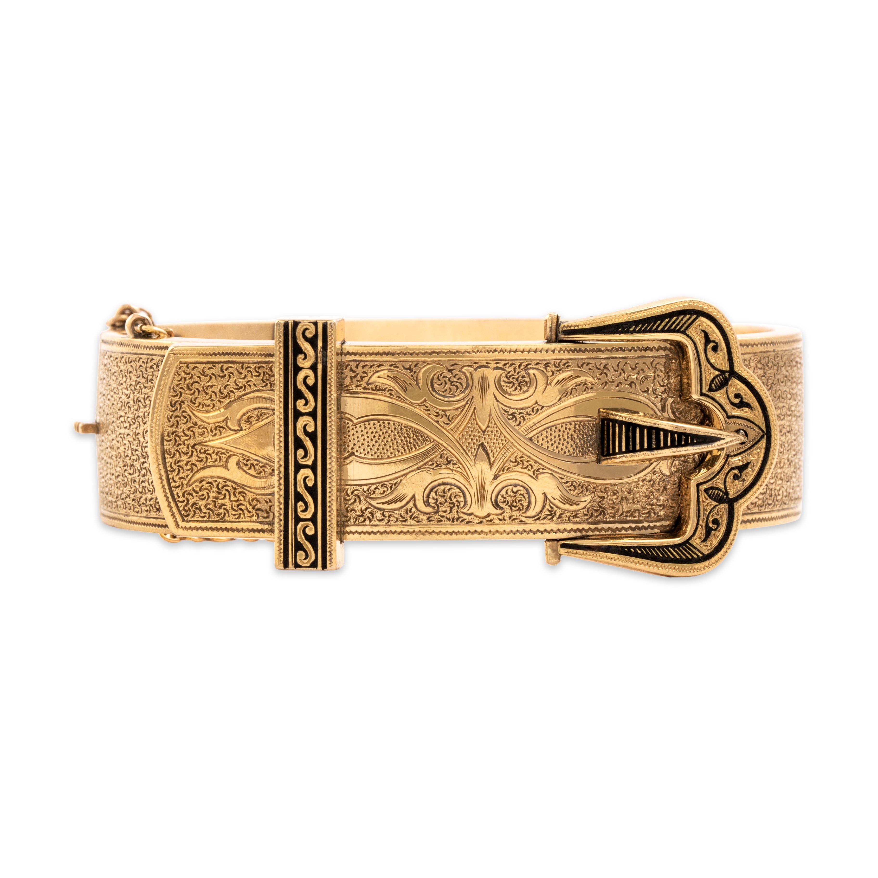 Antique Victorian Large 14k Yellow Gold Fabulous Engraved Enamel Buckle Bangle Bracelet - detail view #3