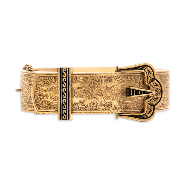 Antique Victorian 14k Yellow Gold Engraved Enamel Buckle Bangle Bracelet 6.25